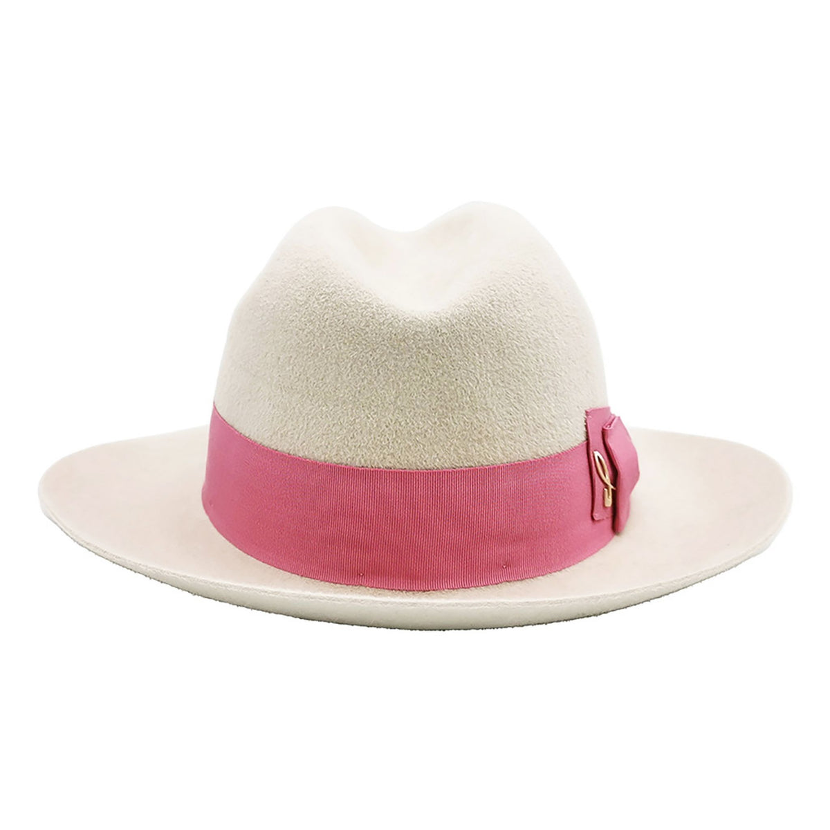 White fedora hat with a pink band and decorative button on a white background