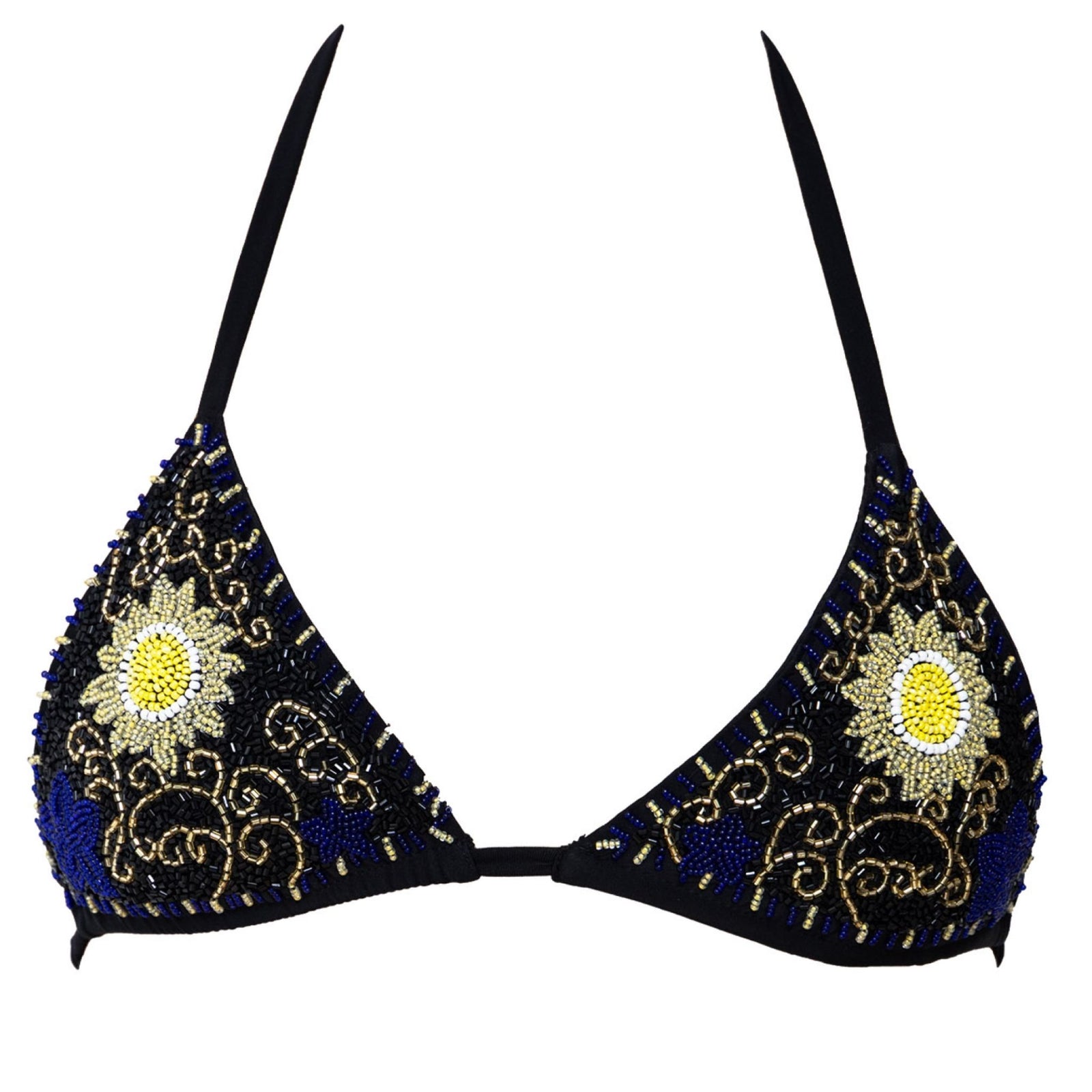The Dark Tide Hand-Beaded Embellished Bikini Top by SELF-ADORE features a celestial black design with gold, white, and yellow sun patterns, blue accents, and thin black straps for a stunning swimwear look.