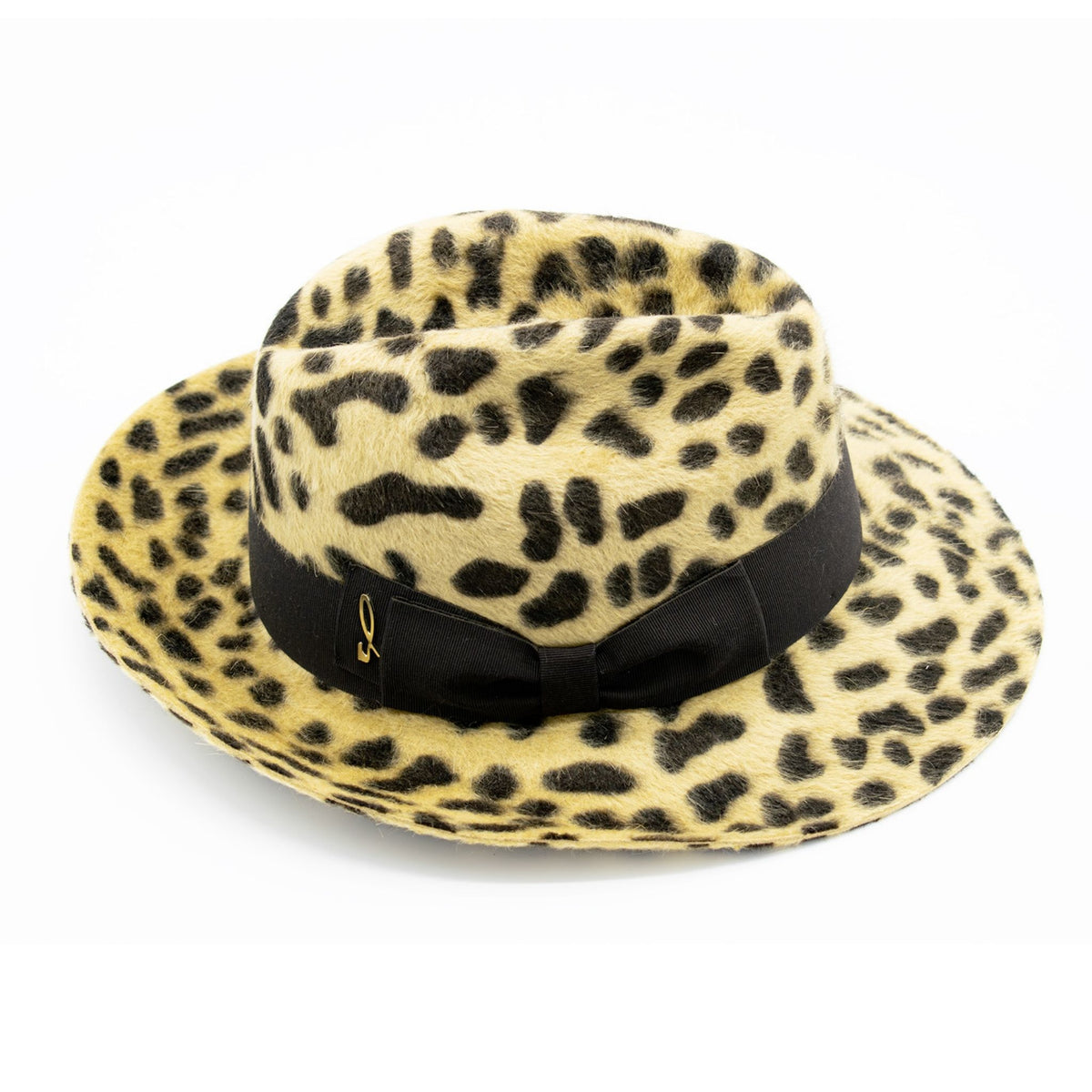 Leopard print hat with a black ribbon on a white background