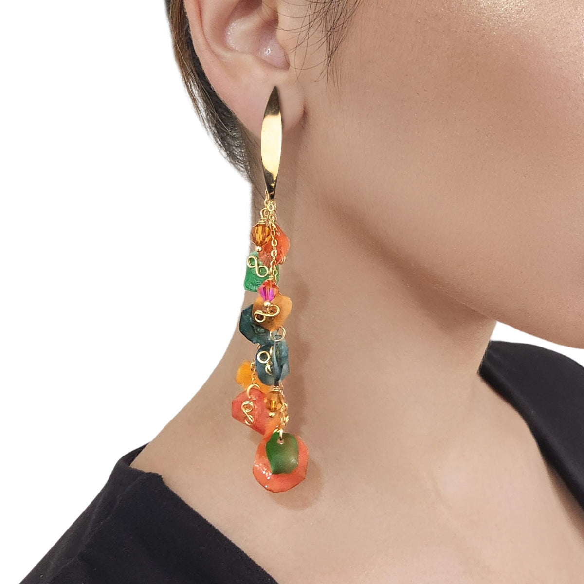Model ear wearing earrings  in close up
