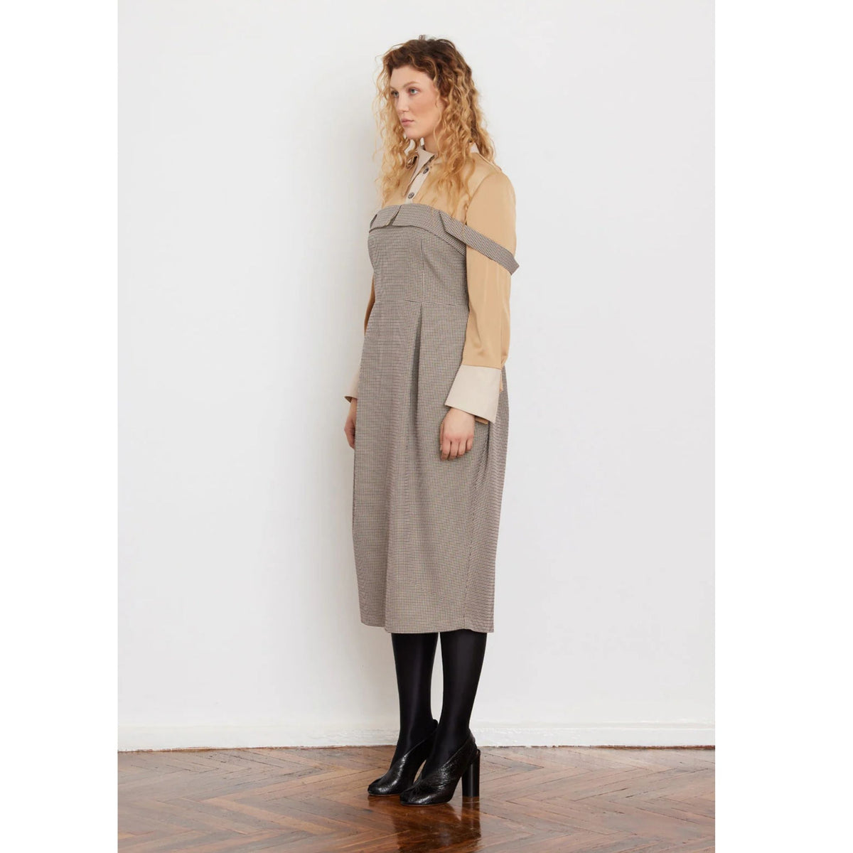 Pinafore Dress with Straps And Blouse Insert | Beige