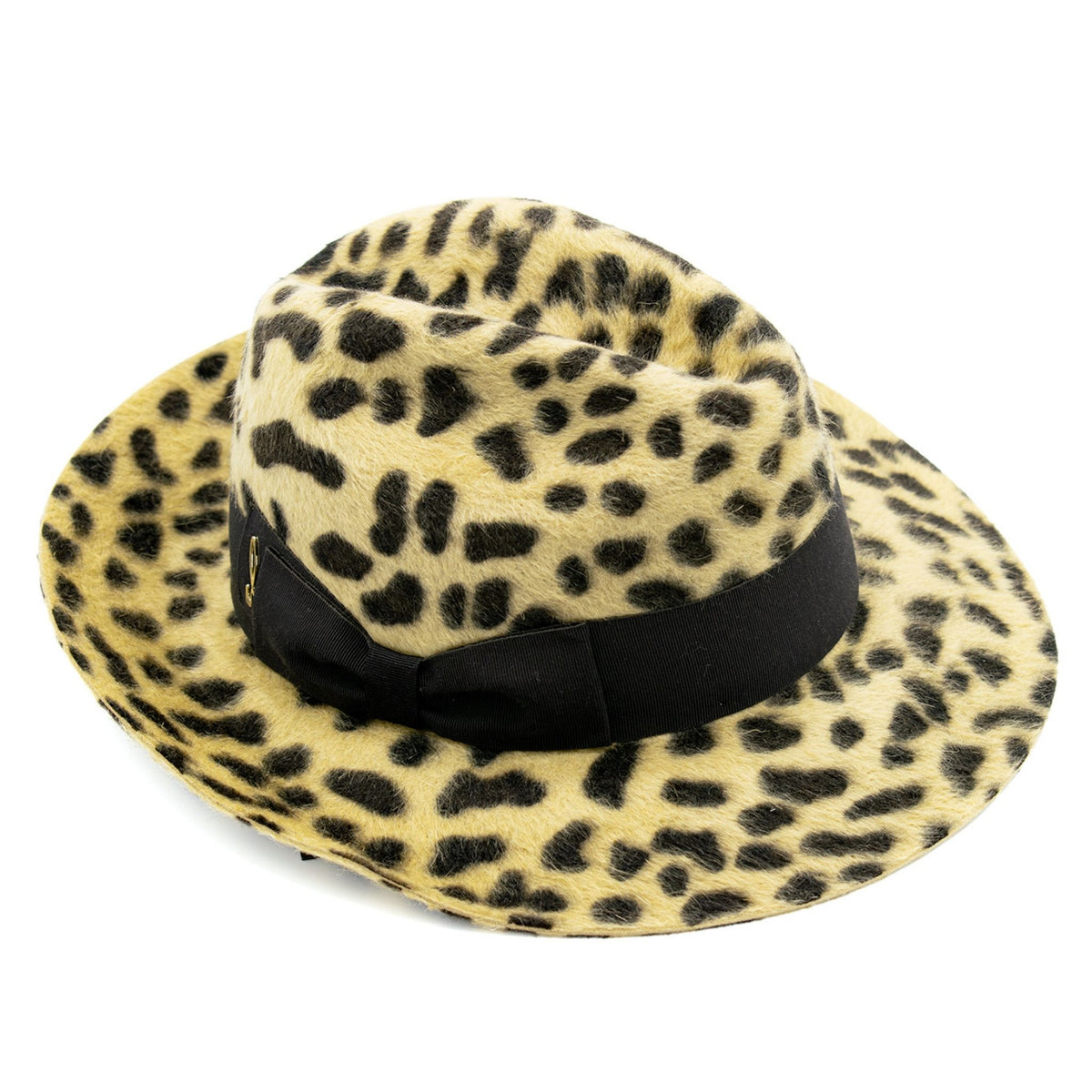 Leopard print hat with a black ribbon on a white background