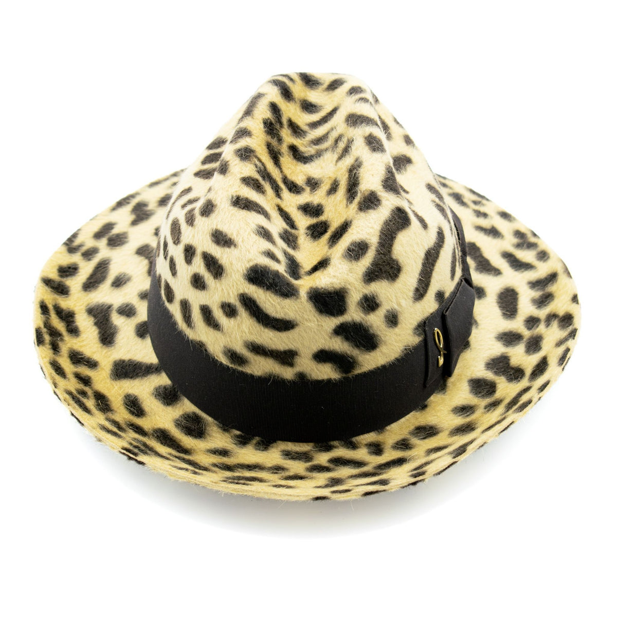 Leopard print hat with a black band on a white background