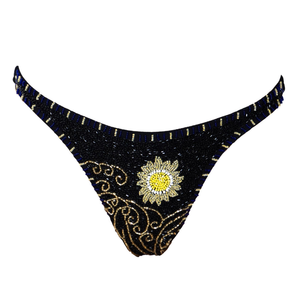 The SELF-ADORE Dark Tide Hand-Beaded Embellished Bikini Bottom in black showcases gold swirls, a sunflower motif, and blue and gold beads on the waistband for a stunning, celestial-inspired swim look.