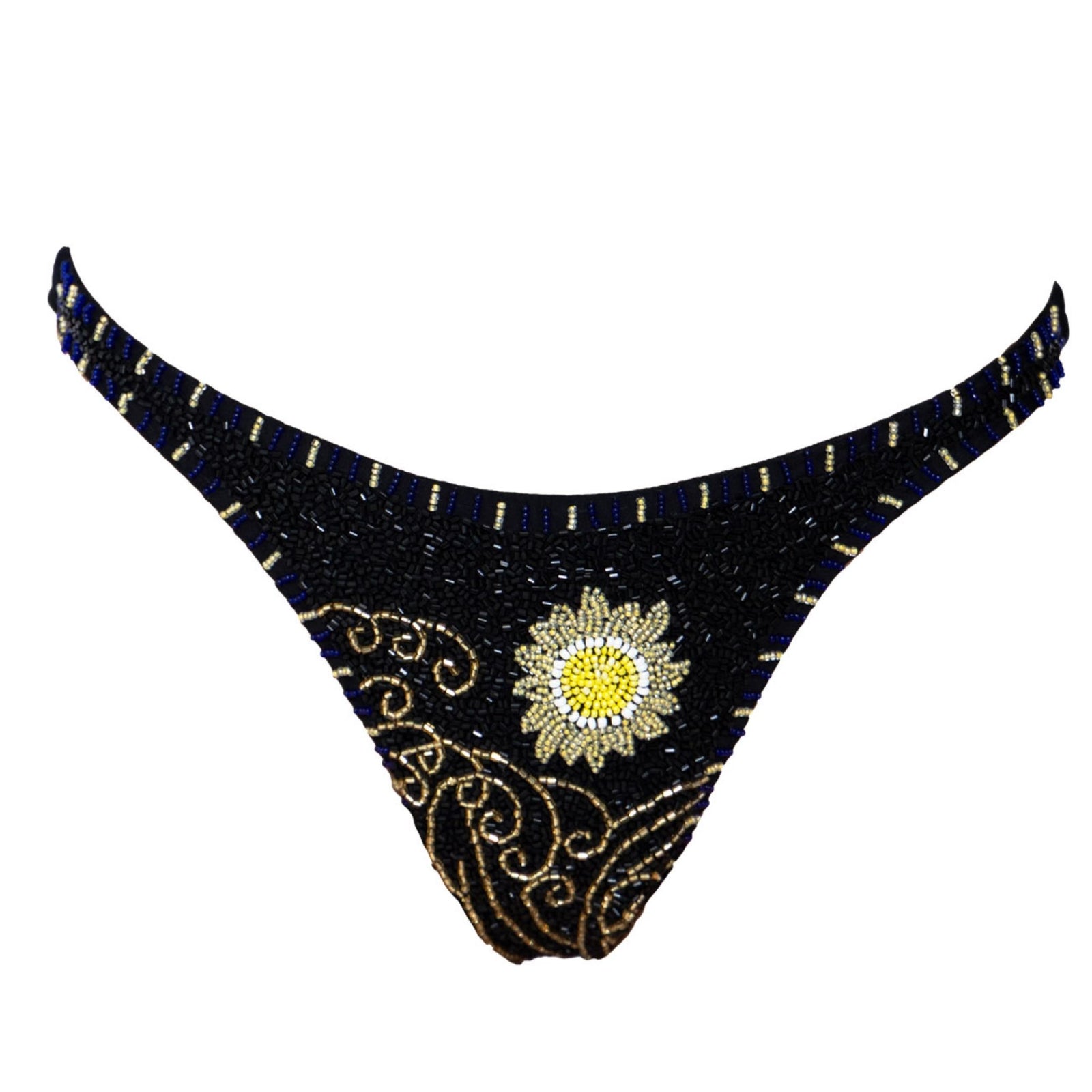 The SELF-ADORE Dark Tide Hand-Beaded Embellished Bikini Bottom in black showcases gold swirls, a sunflower motif, and blue and gold beads on the waistband for a stunning, celestial-inspired swim look.