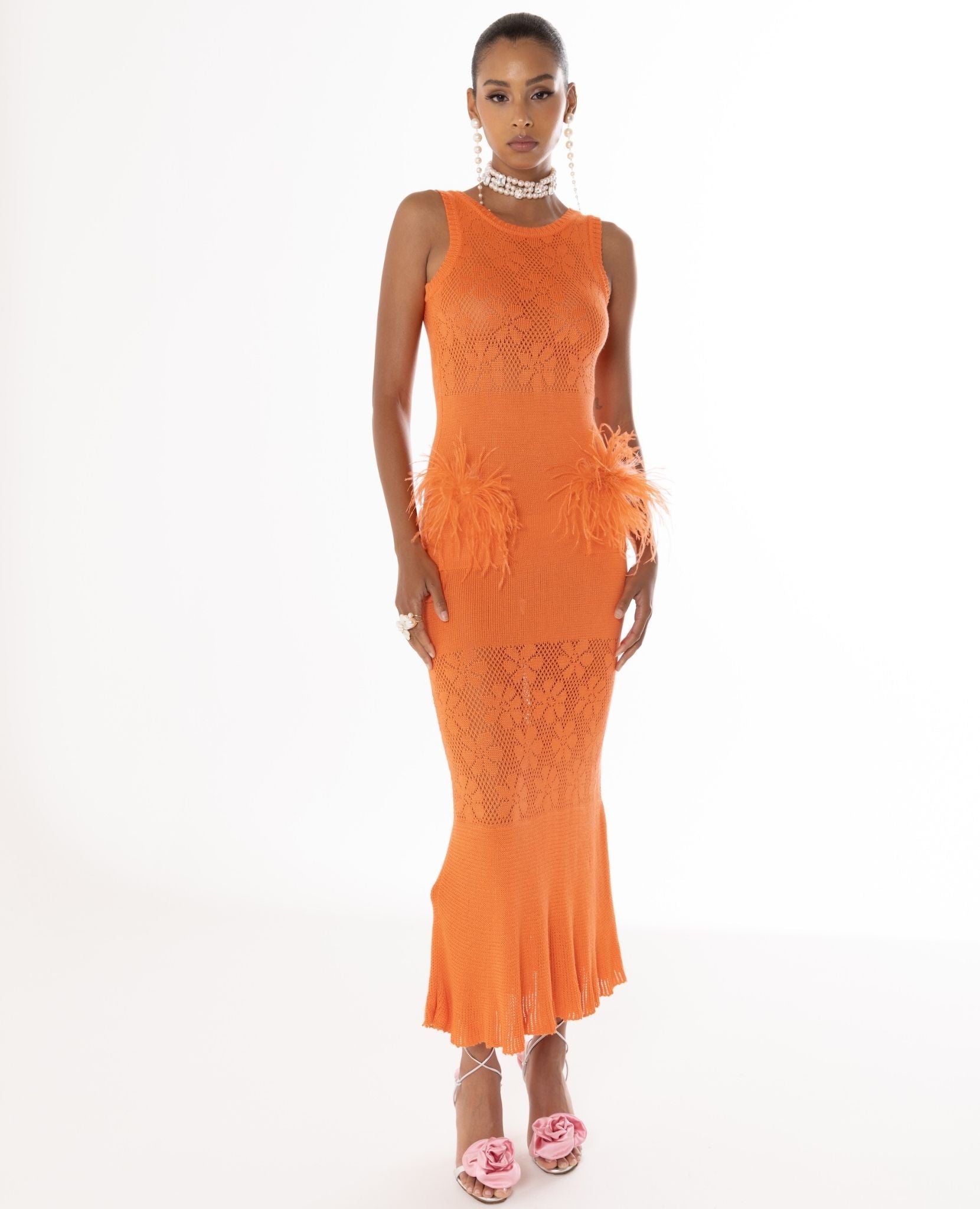 ANDREEVA | Vanilla Orange Knit Dress With Feathers L / Orange ANDREEVA | Vanilla Orange Knit Dress With Feathers L / Orange