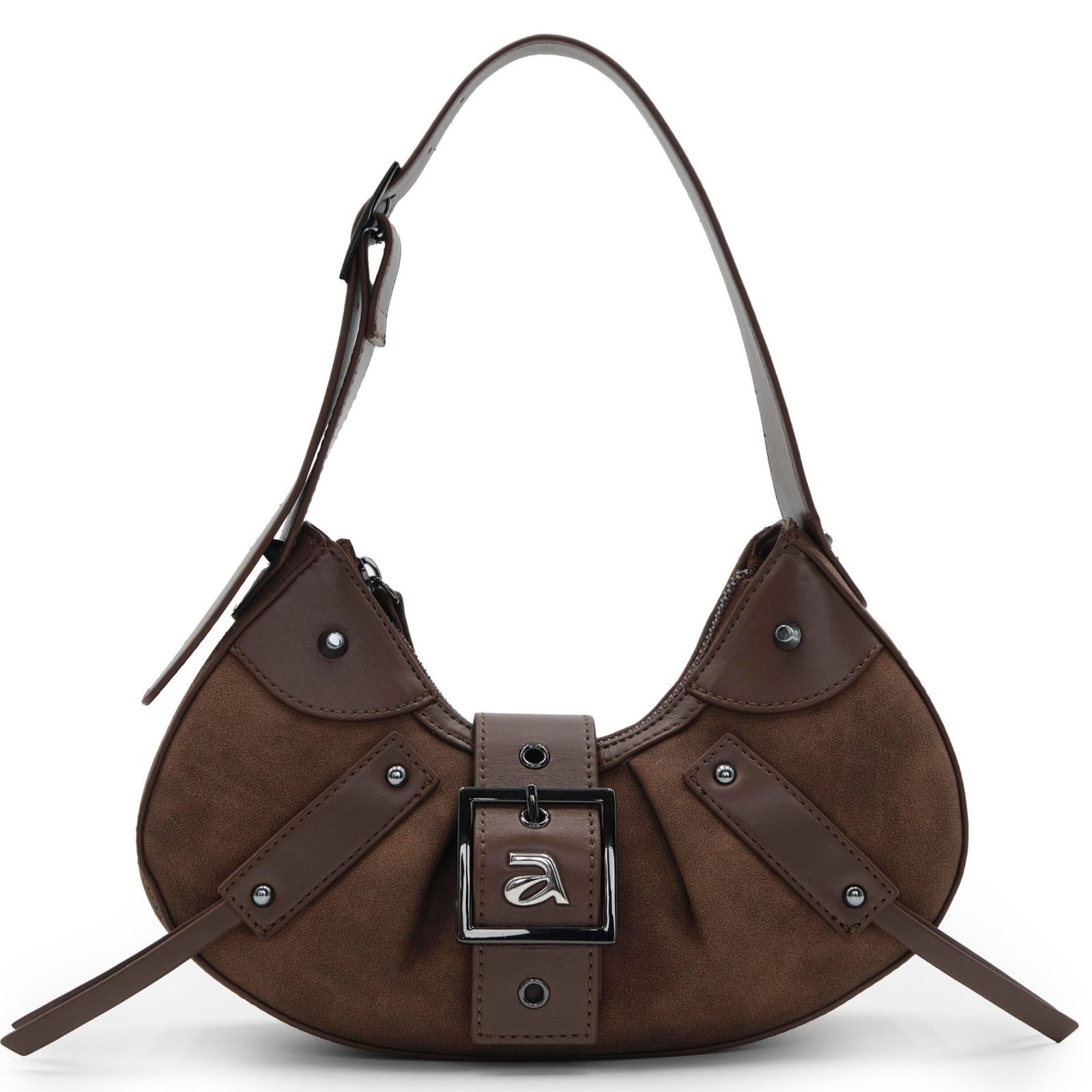 Brown handbag with a buckle on a white background
