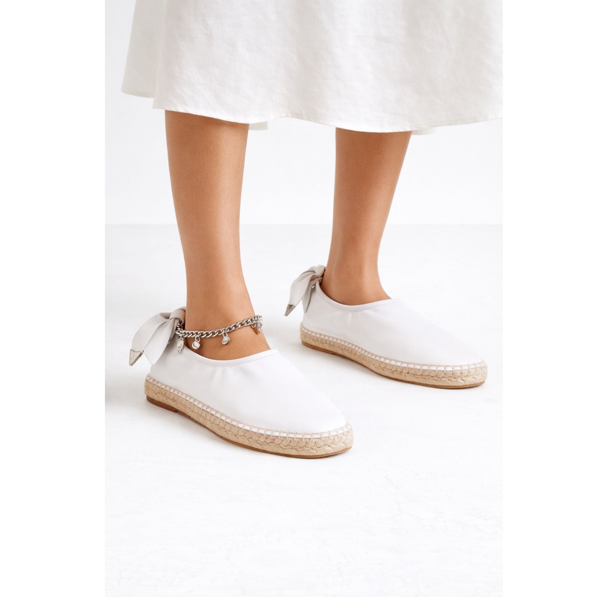 White Leather Espadrille Slip-On with Chain