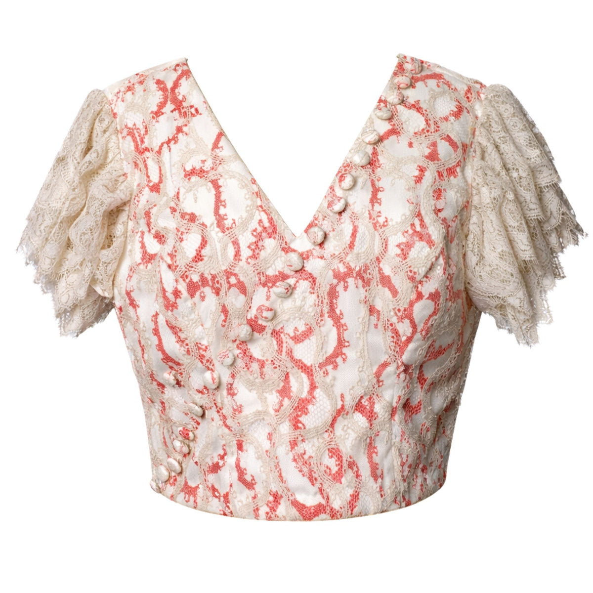 Lace Fitted V-Neck Top with Puff Sleeves