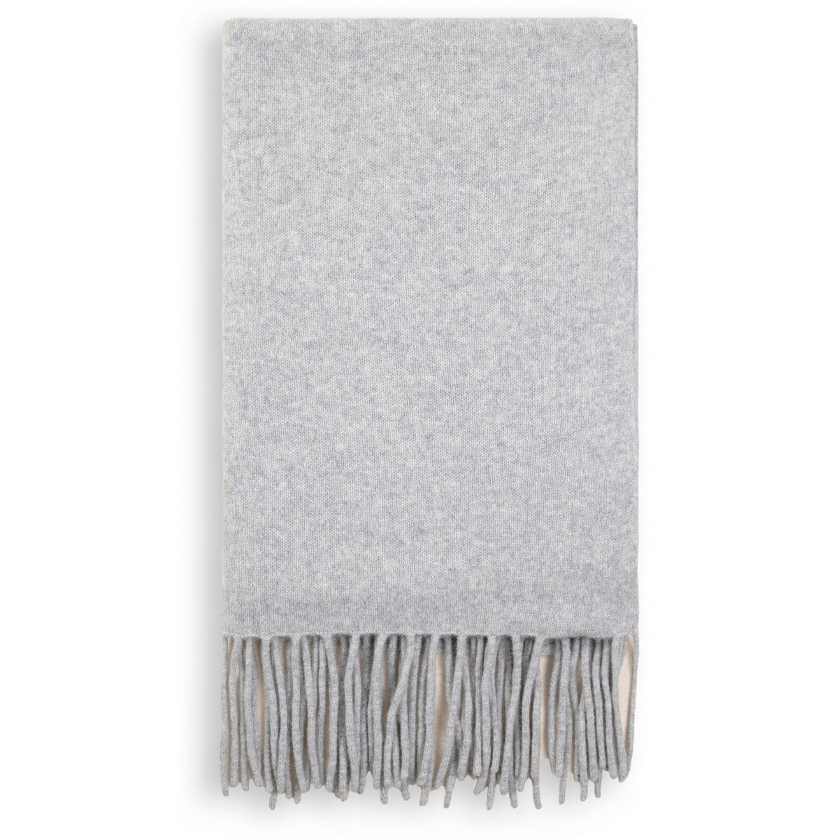 The OO-TO Grey Knitted Felted Cashmere Chunky Scarf, shown neatly folded on a white background, features a soft texture and long, thin fringe tassels along one edge.