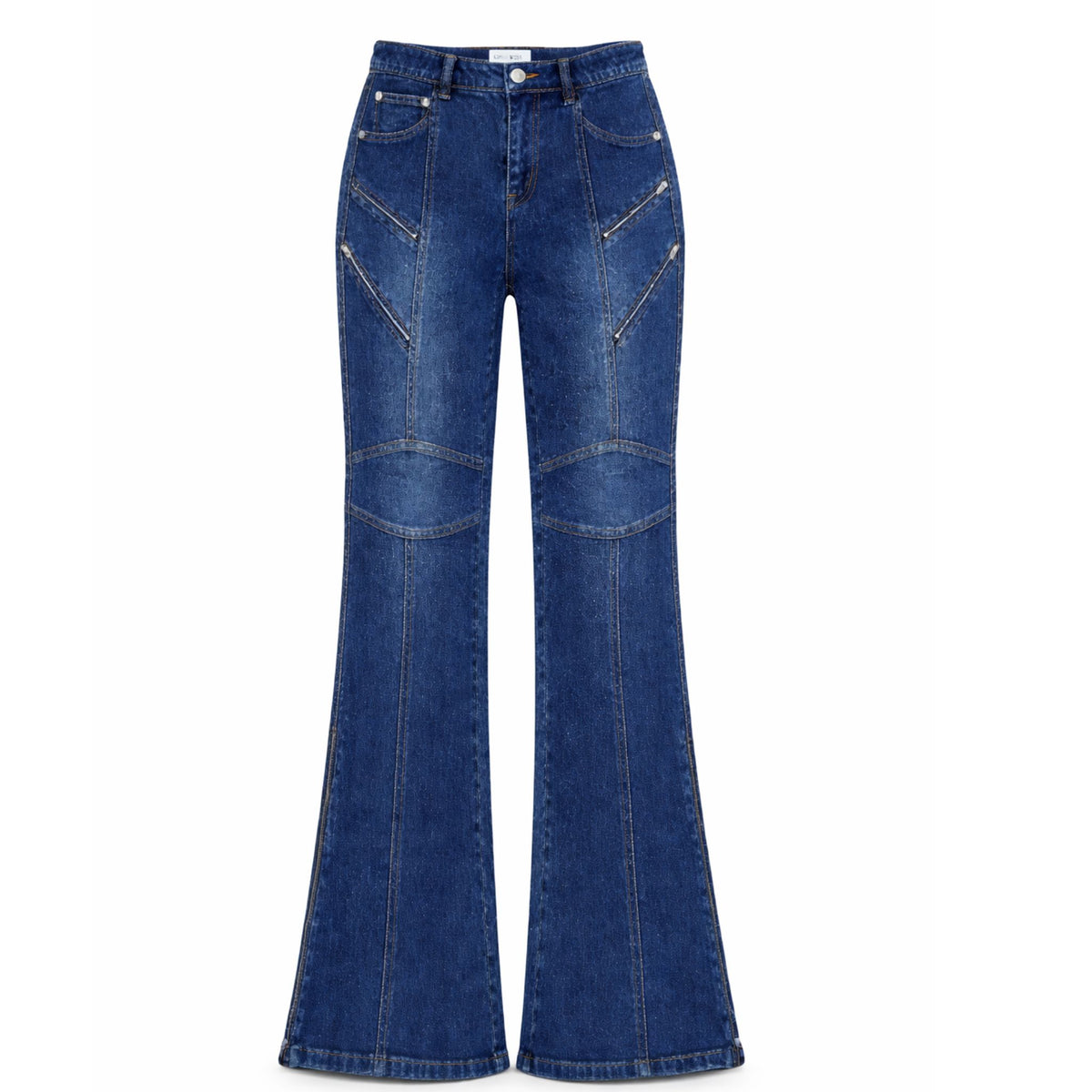 The bla jeans by CIRCULAR PATH are high-waisted, flared blue denim with visible seams, front pockets, a fitted waist, wide bell-bottom legs, and decorative stitching for a bold, chic look.