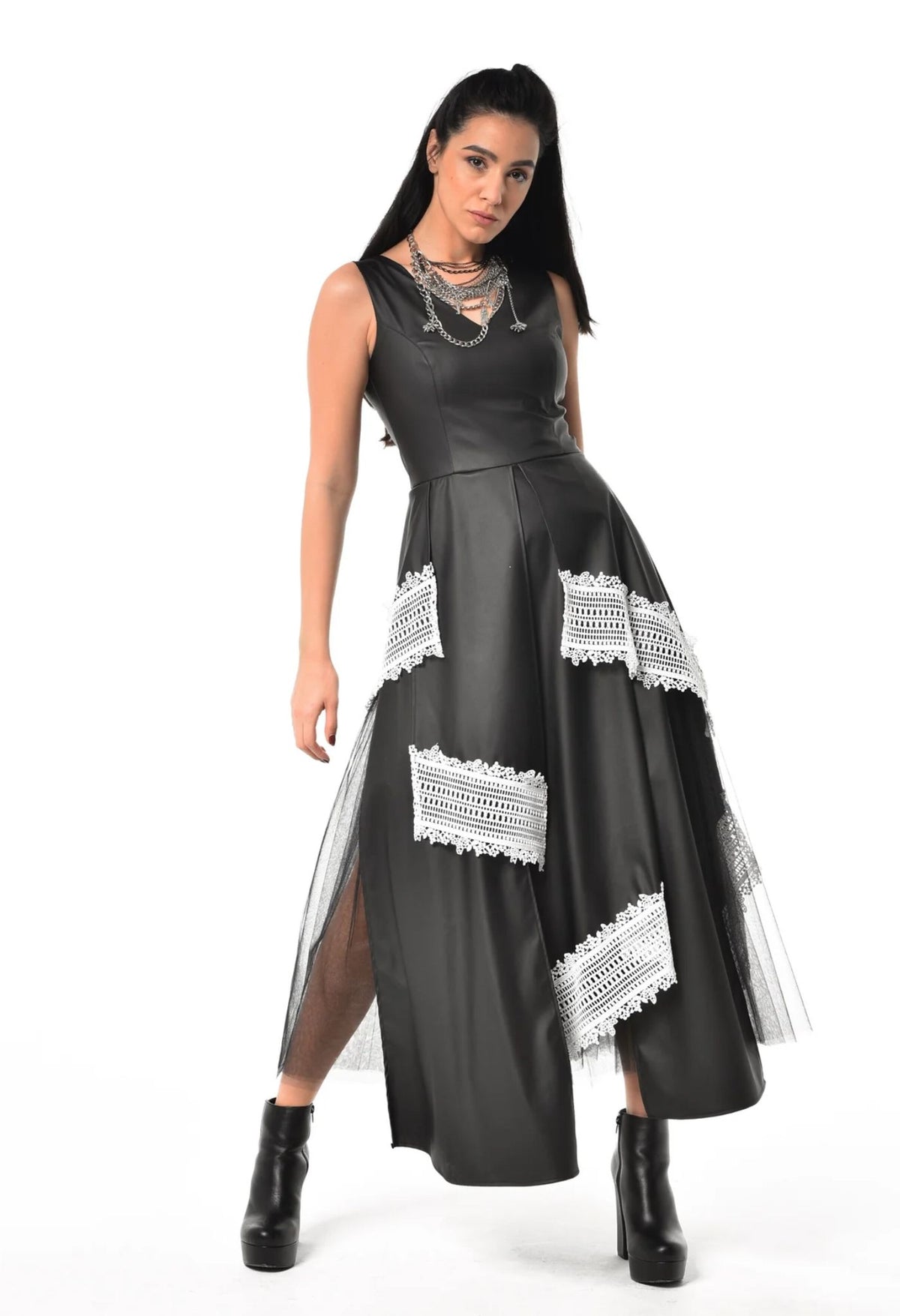 METAMORPHOZA - Black Vegan Leather Dress With Tulle And Lace | PR Sample at DOORS NYC