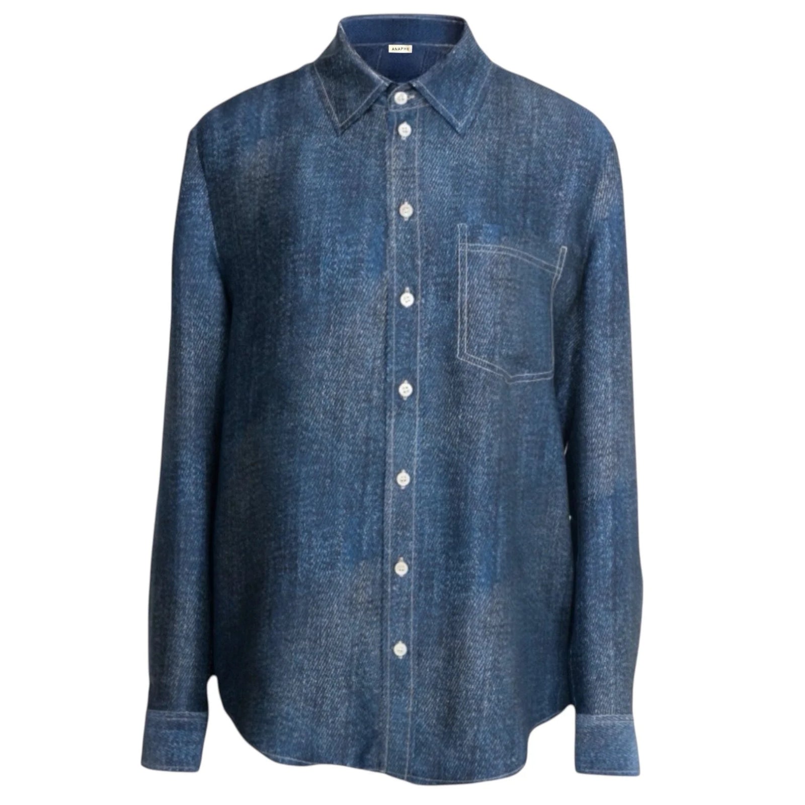 Denim Print Silk Shirt with Contrast Stitching