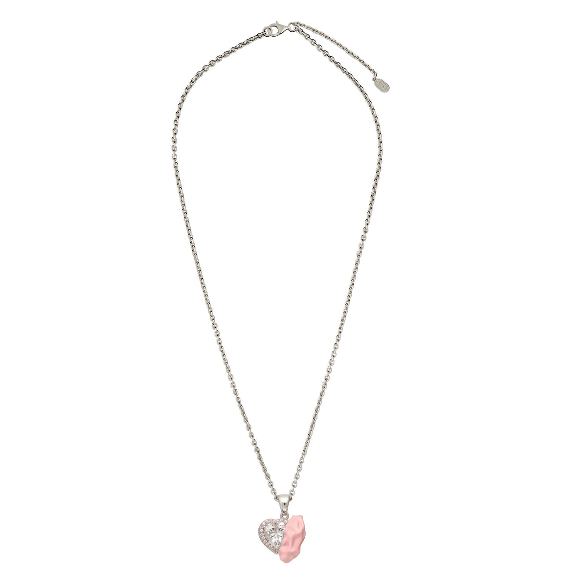 Pink Enamel Gum Heart Necklace with Clear Zirconia