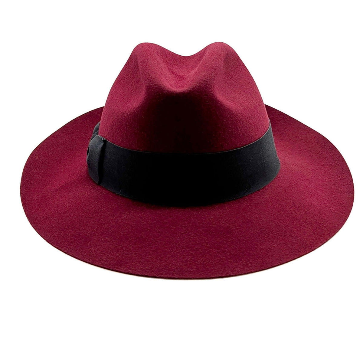Red fedora hat with a black band on a white background