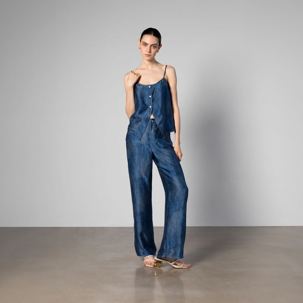 Silk Wide-Leg Jeans with Contrast Stitching