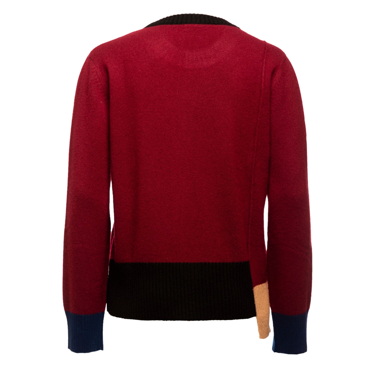 The OO-TO Multi-tone Wine Onyx Crew Neck Sweater features an avant-garde back view in burgundy cashmere, with black ribbed hem, blue cuffs, and a beige accent on the lower right, handcrafted in Nepal.