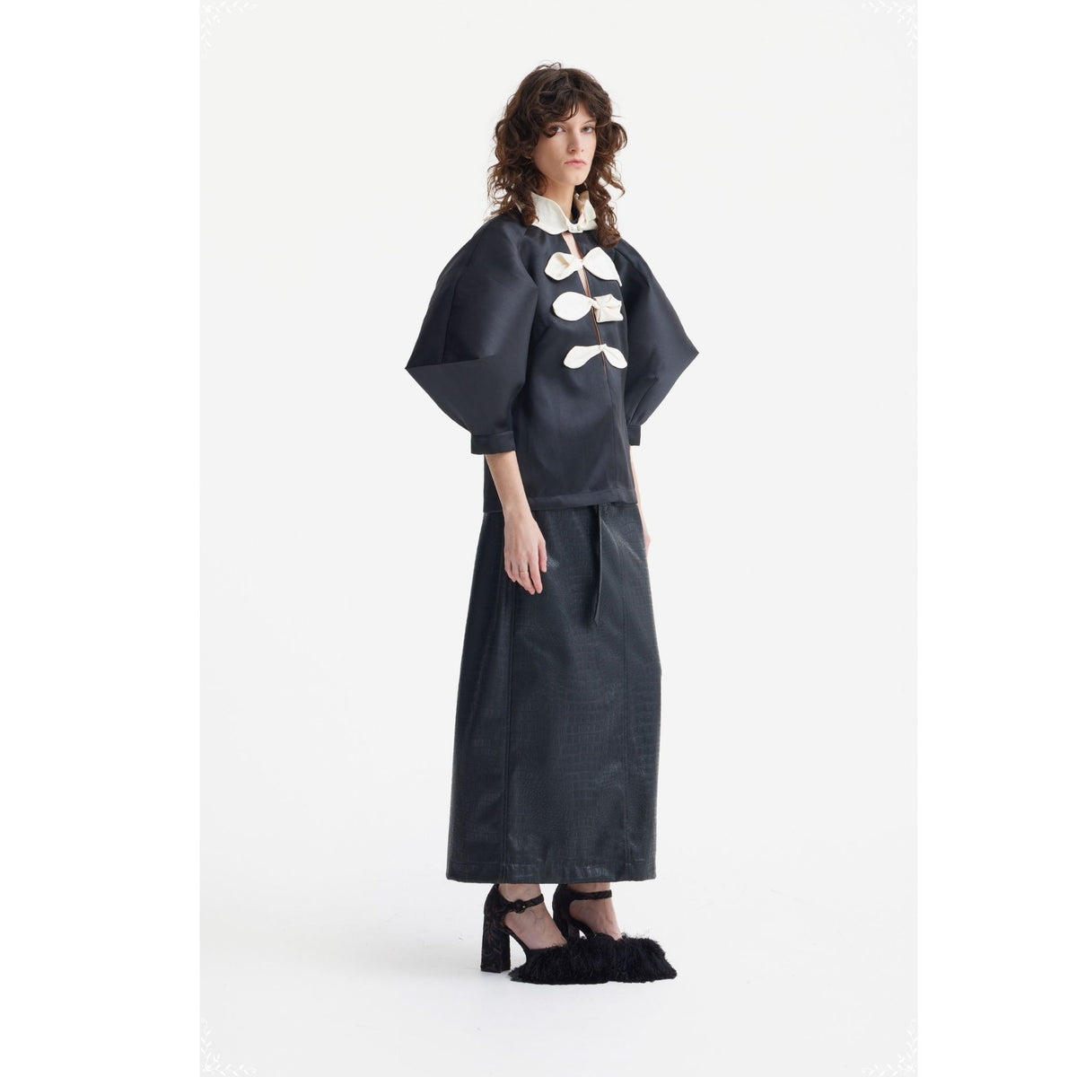 Croc-Effect Faux Leather Straight Long Skirt With Belt | Black