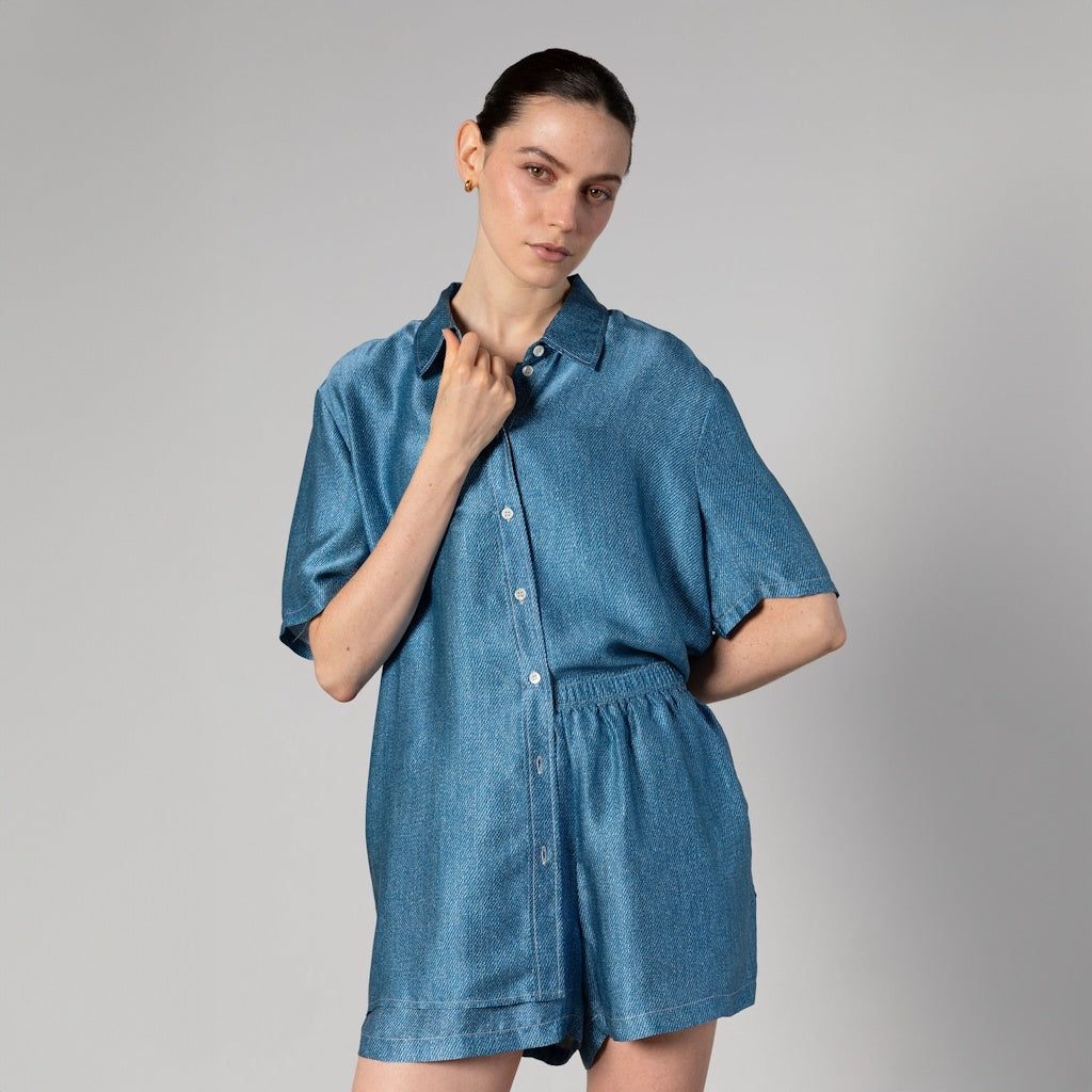 Light Denim Print Silk Shirt