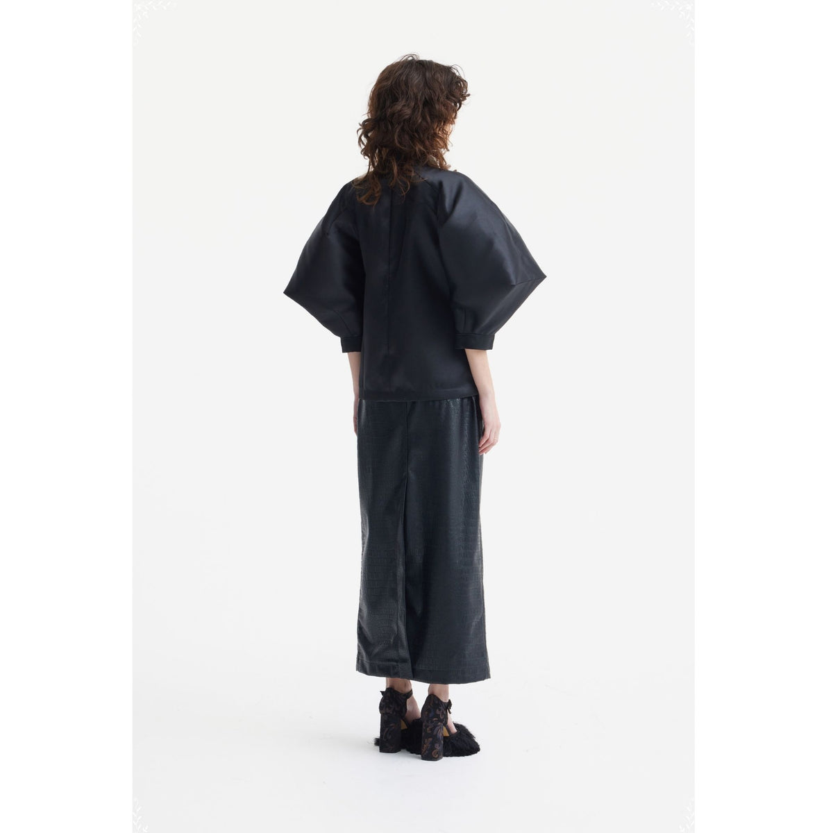 Croc-Effect Faux Leather Straight Long Skirt With Belt | Black