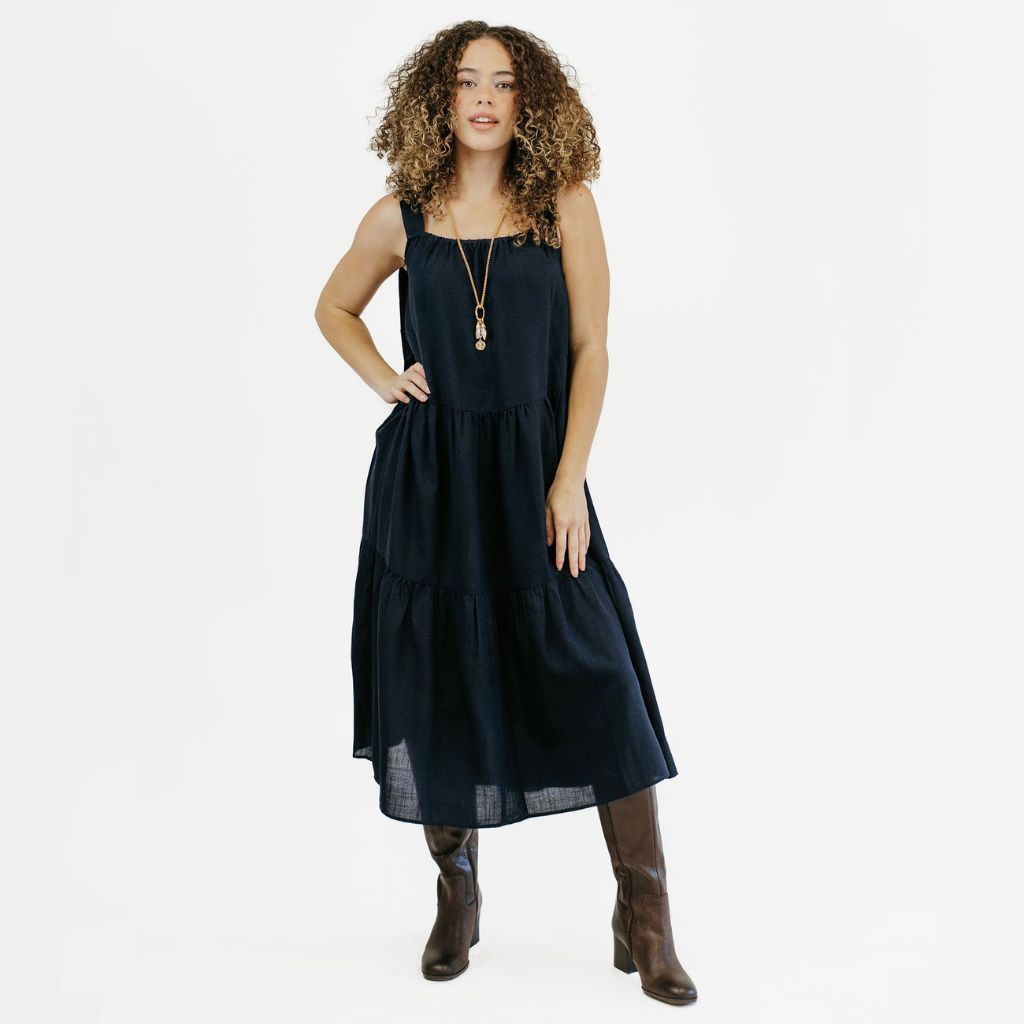 ZENZEE - Linen Tiered Dress Navy | DOORS NYC S ZENZEE - Linen Tiered Dress Navy | DOORS NYC S