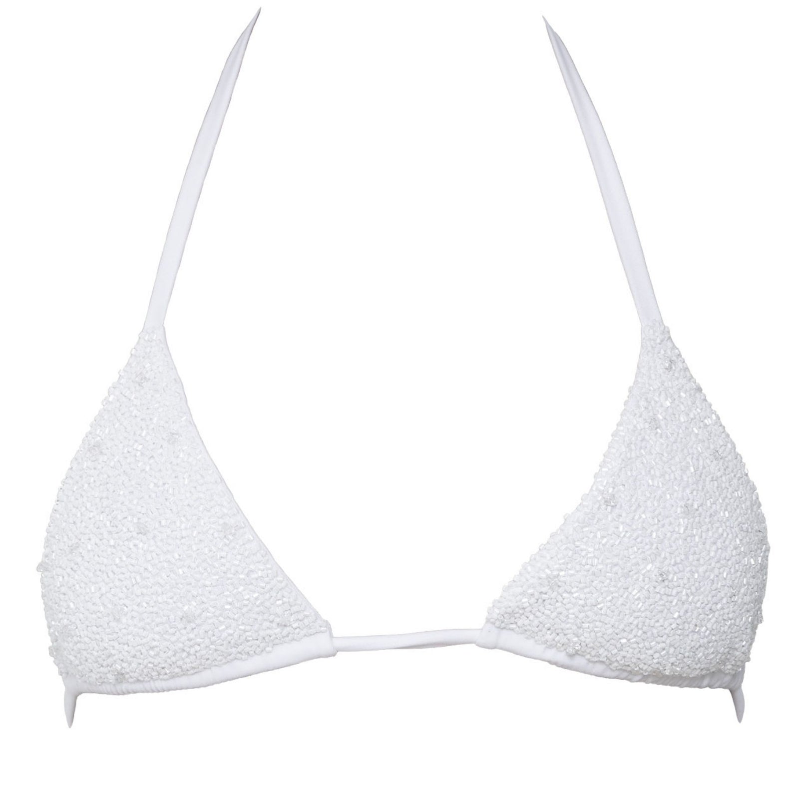 The SELF-ADORE Forever Hand-Beaded Embellished Bikini Top in white, with a triangle design, halter neck, and back ties, is displayed flat on a white background.