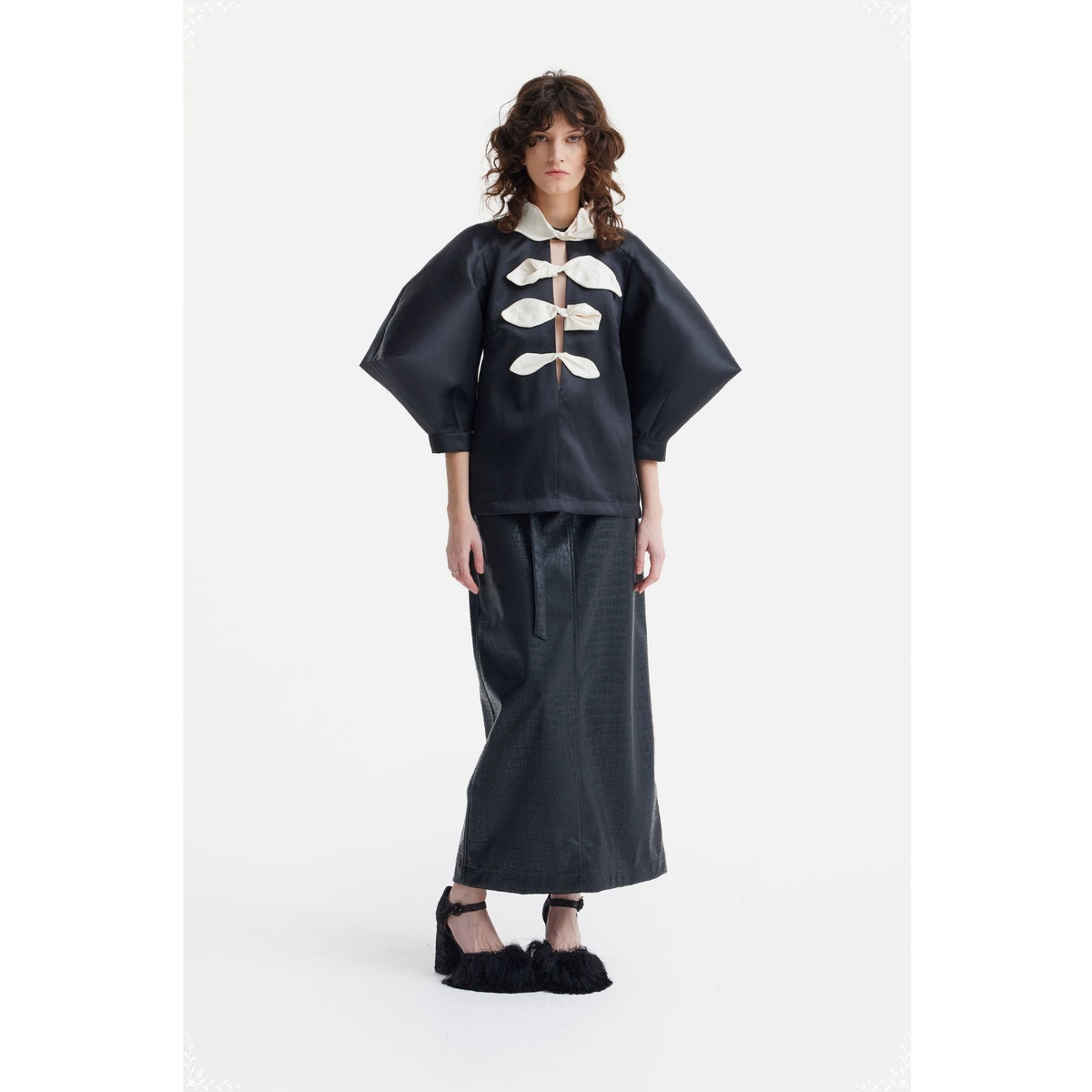 Croc-Effect Faux Leather Straight Long Skirt With Belt | Black