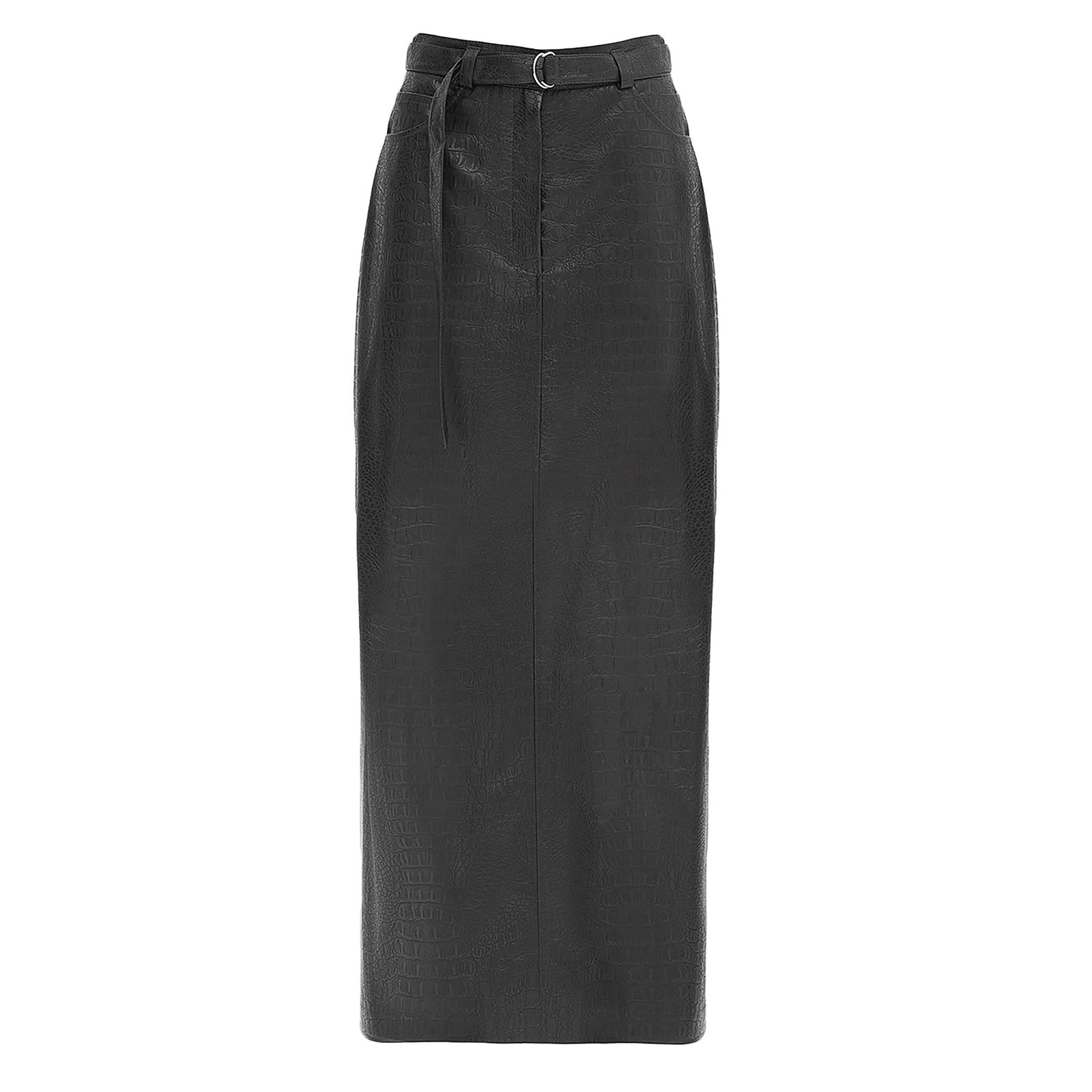 Croc-Effect Faux Leather Straight Long Skirt With Belt | Black