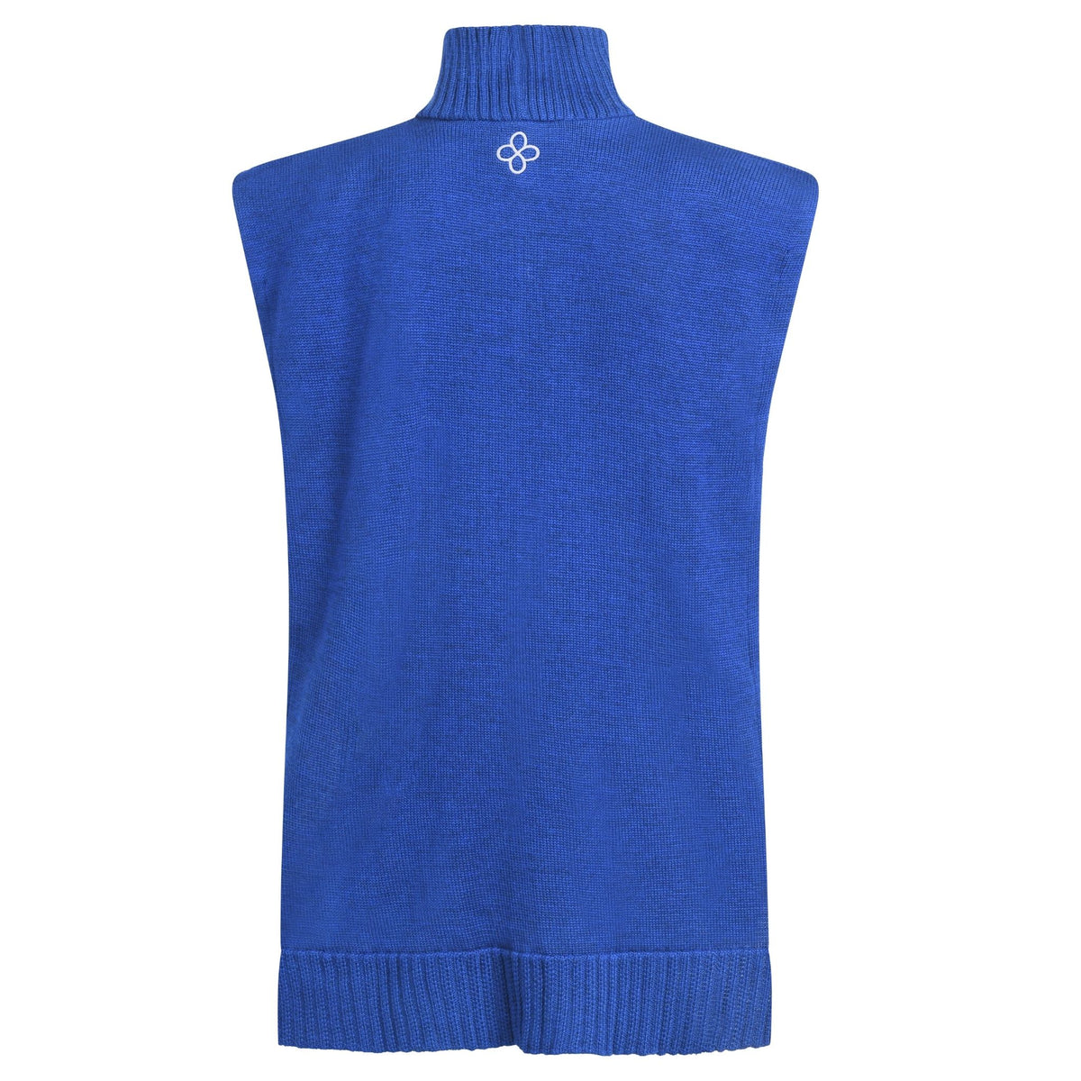 Blue sleeveless sweater vest on a white background