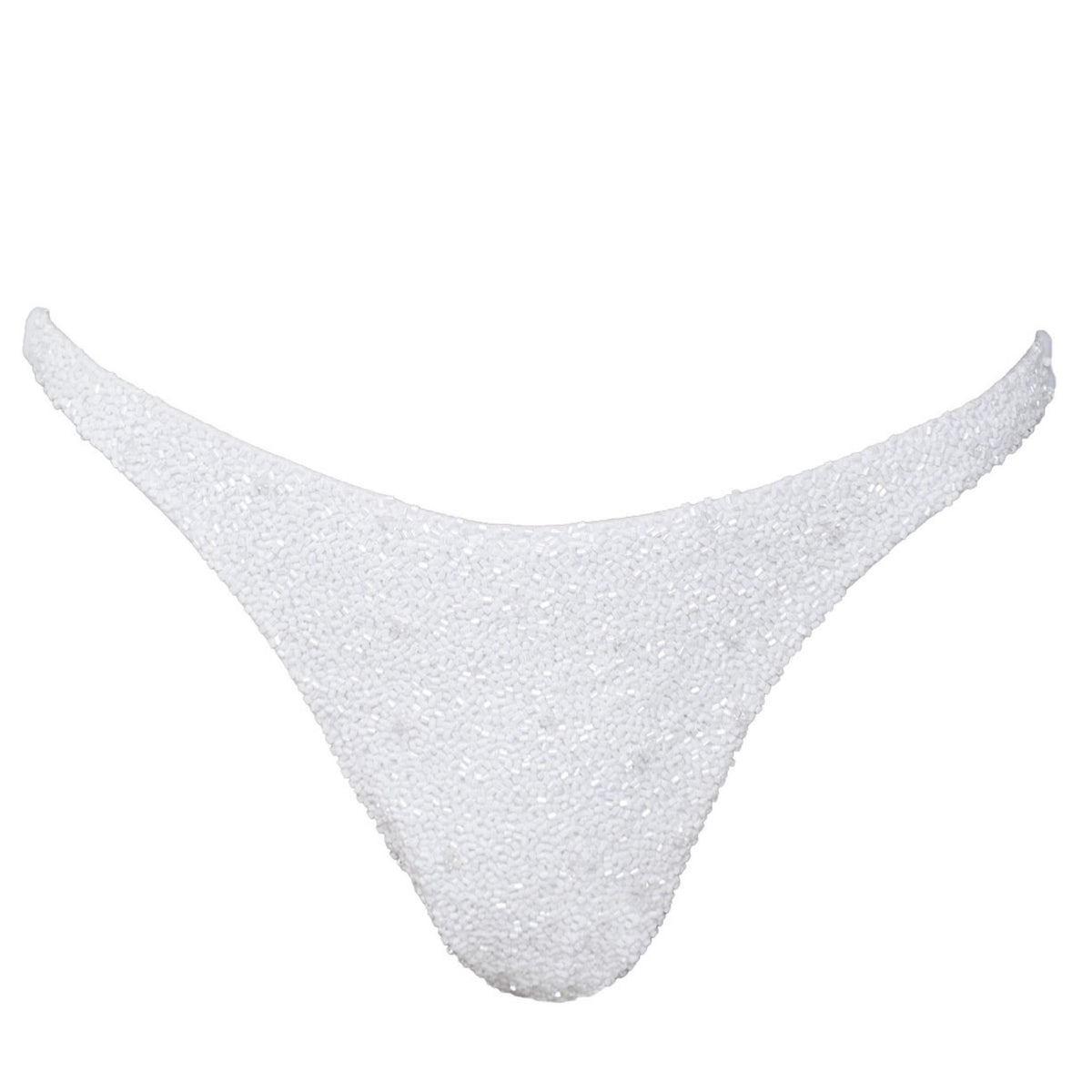 The SELF-ADORE Forever Hand-Beaded Embellished Bikini Bottom in white features artisan beading and stunning texture, showcased on a white background—a timeless piece of swimwear.