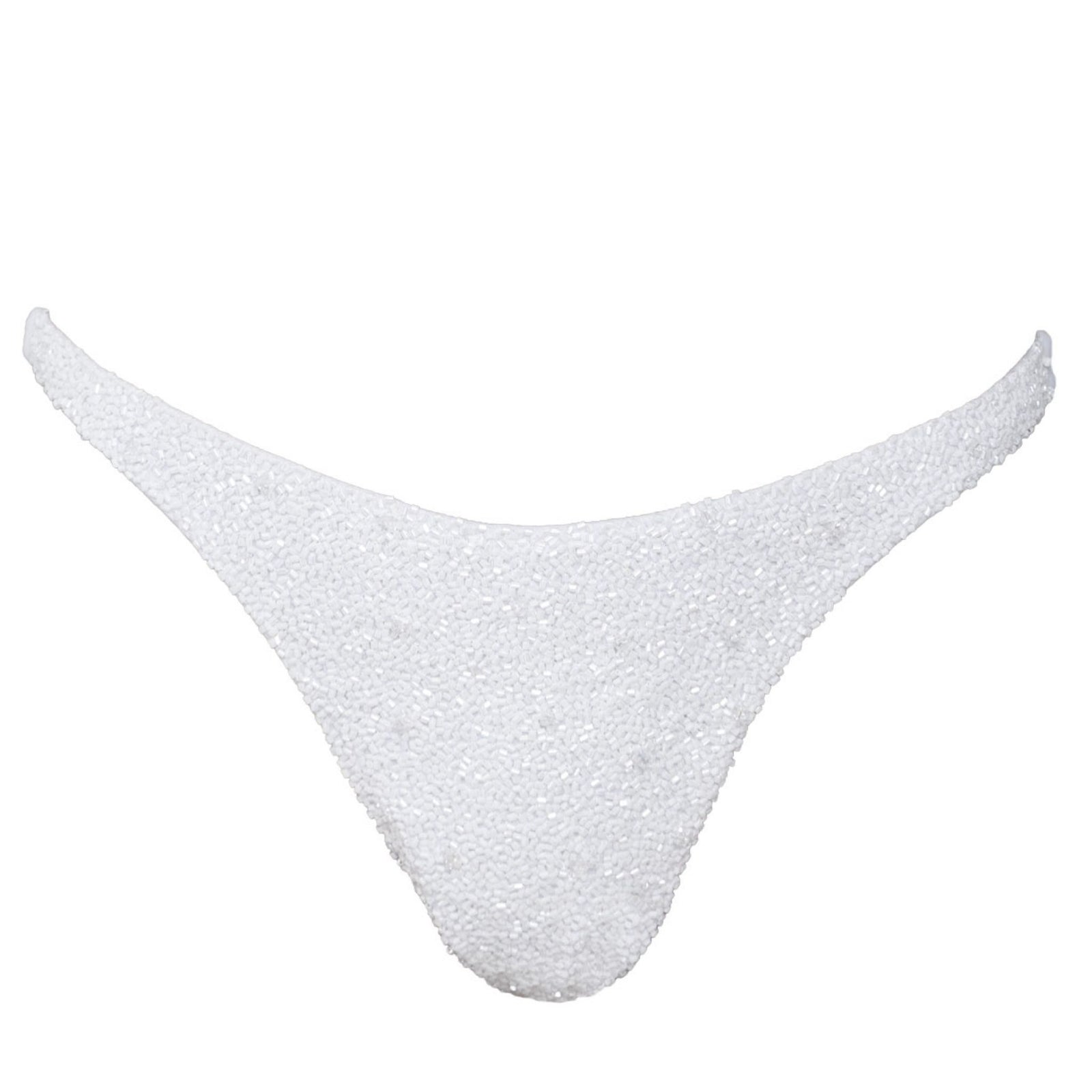 The SELF-ADORE Forever Hand-Beaded Embellished Bikini Bottom in white features artisan beading and stunning texture, showcased on a white background—a timeless piece of swimwear.