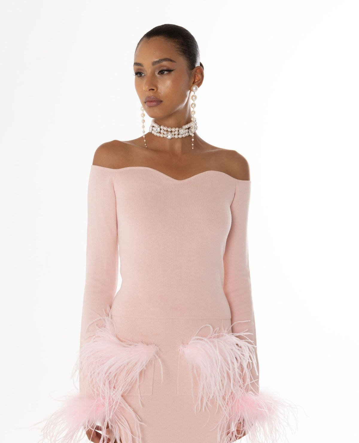 ANDREEVA - Powder Pink Vanilla Knit Top With Detachable Feather Cuffs, buy at DOORS NYC