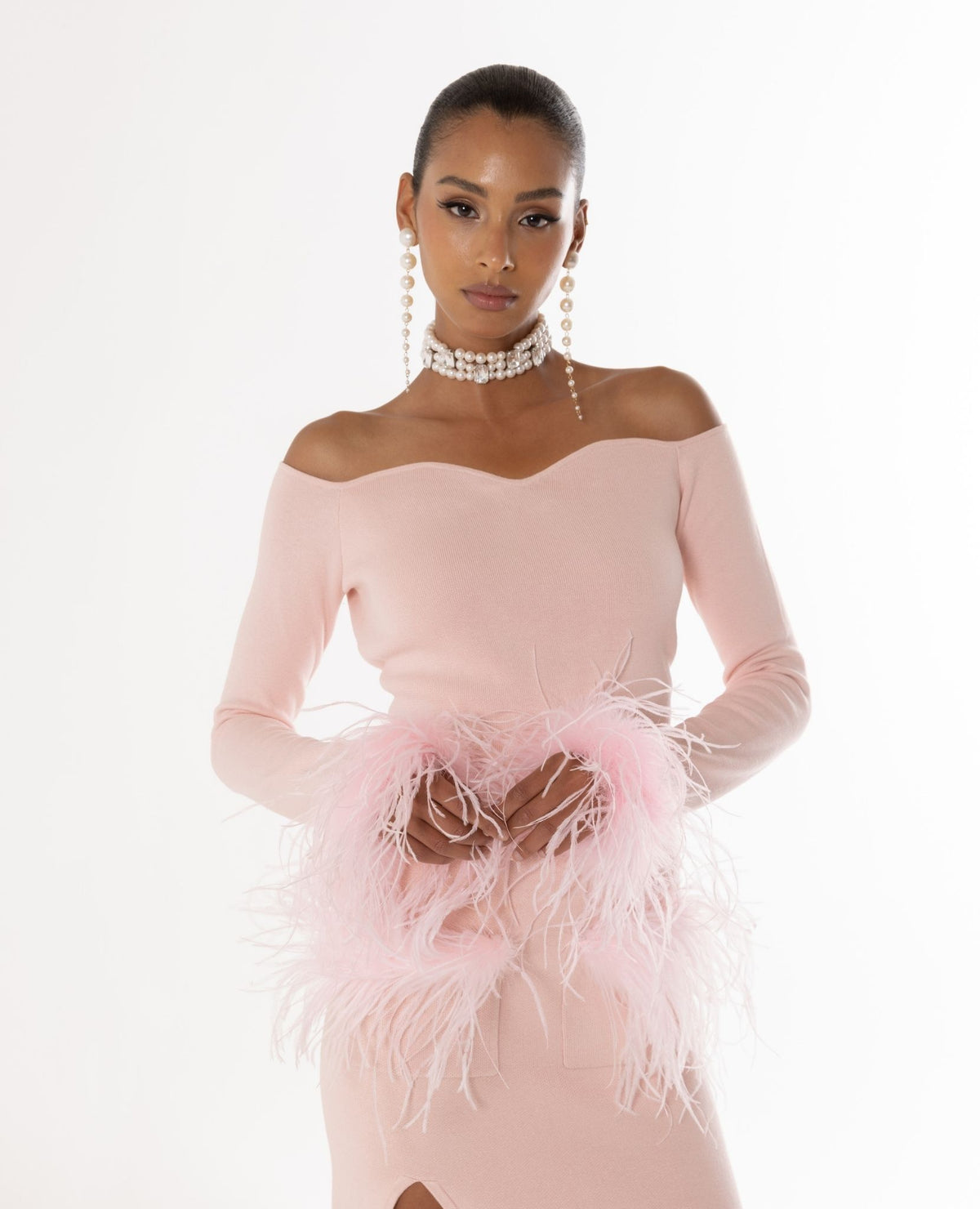 ANDREEVA - Powder Pink Vanilla Knit Top With Detachable Feather Cuffs, buy at DOORS NYC