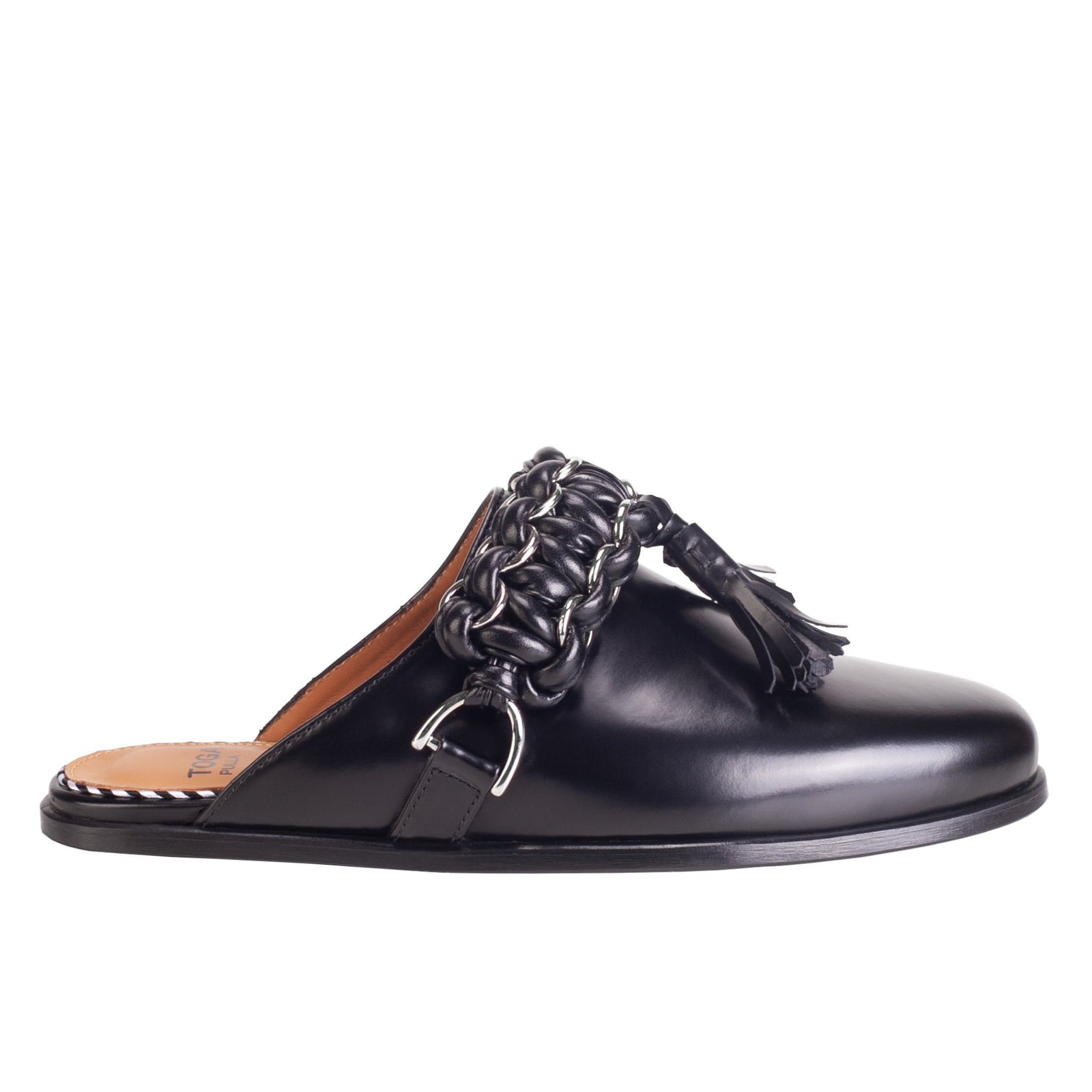 TOGA PULLA  - Chain Tassel Leather Slide Loafers – Black Polido at DOORS NYC  