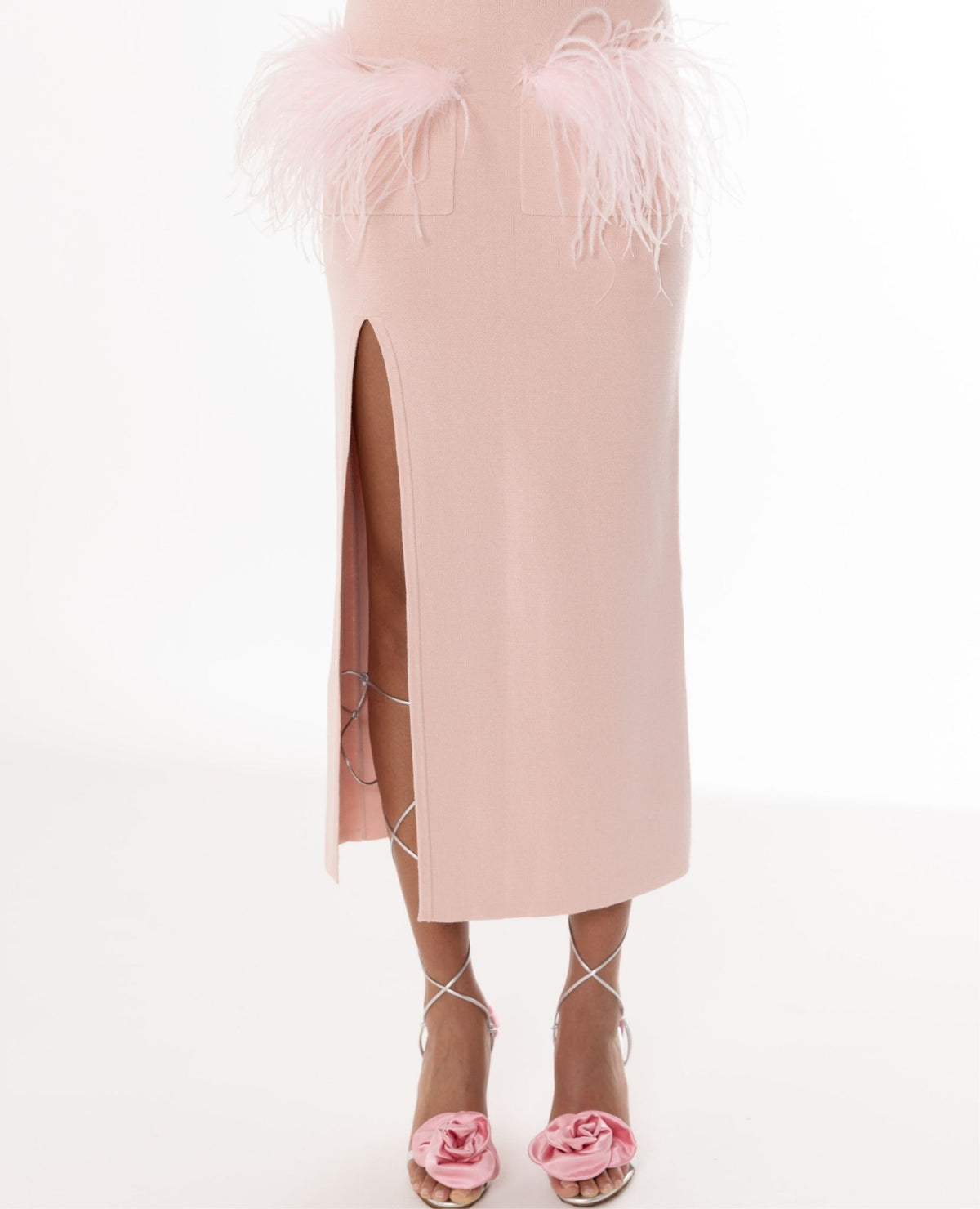 ANDREEVA - Powder Pink Vanilla Knit Skirt With Feathers, buy at DOORS NYC
