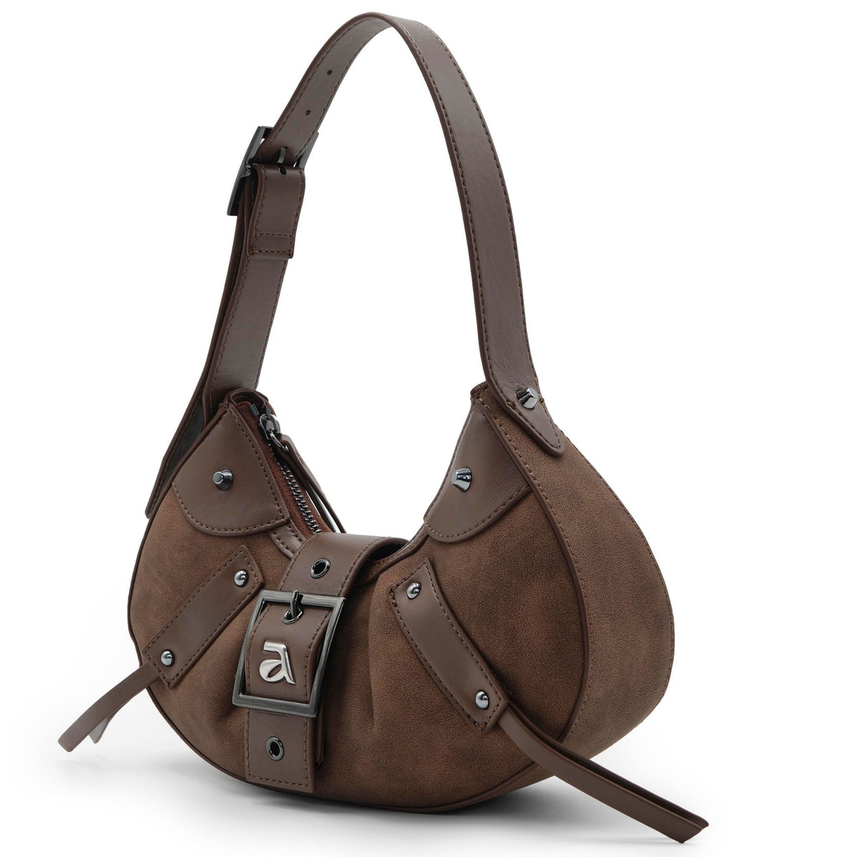 Brown leather handbag with a visible brand logo on a white background