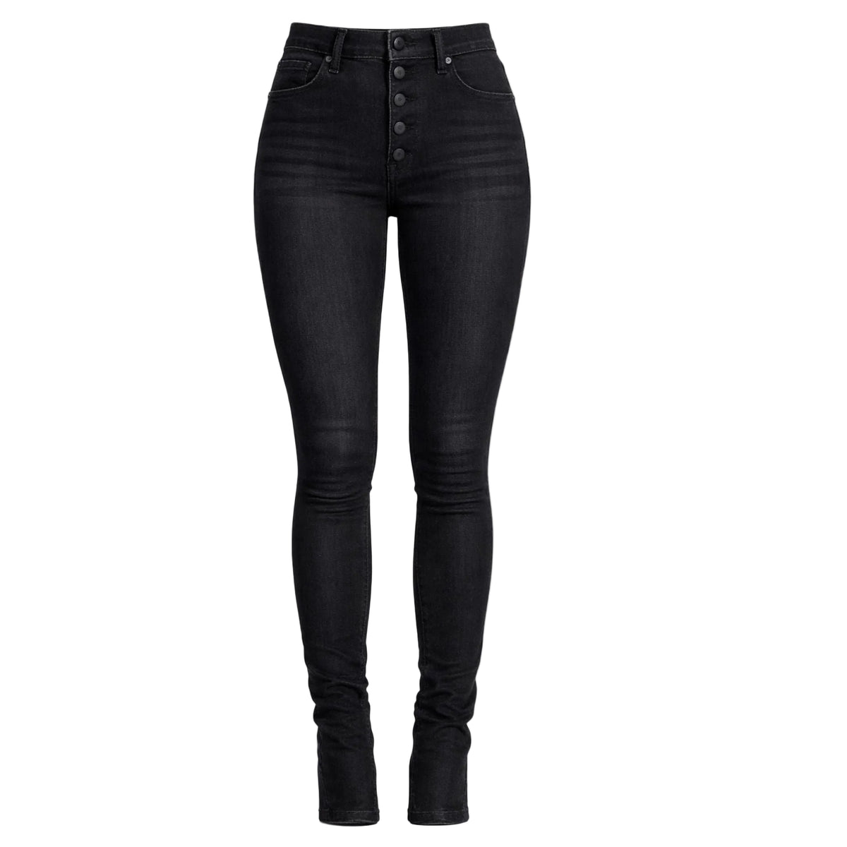 CIRCULAR PATH’s Button Fly Skinny Jeans | PR Sample feature a high-waisted fit, front and back pockets, and a sleek skinny silhouette for comfort and style, shown against a white background.