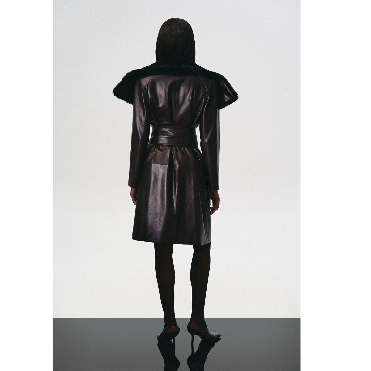 Leather Trench Coat With Fur Collar