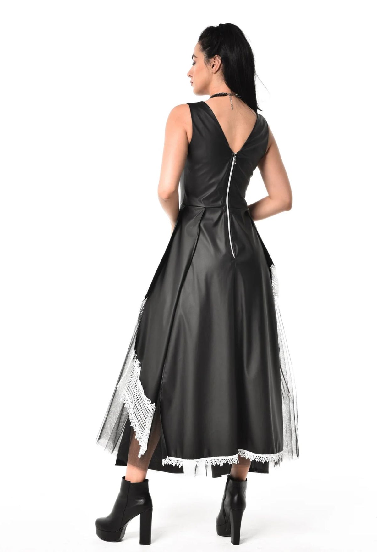 METAMORPHOZA - Black Vegan Leather Dress With Tulle And Lace | PR Sample at DOORS NYC