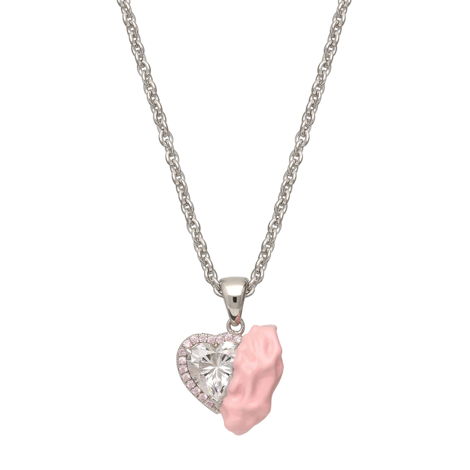 Pink Enamel Gum Heart Necklace with Clear Zirconia