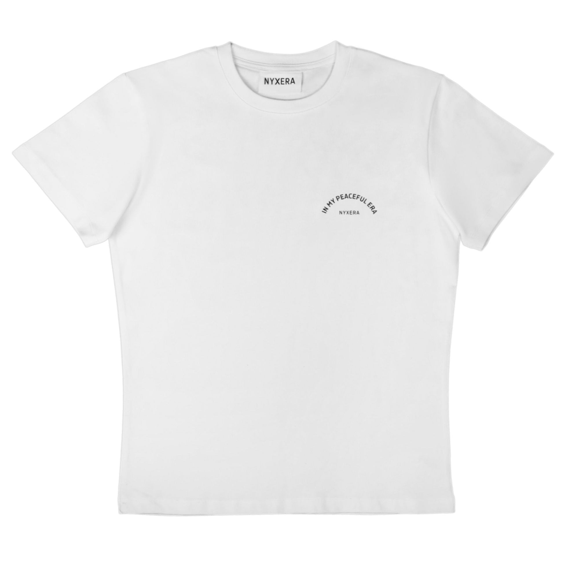 White t-shirt with black text on a white background