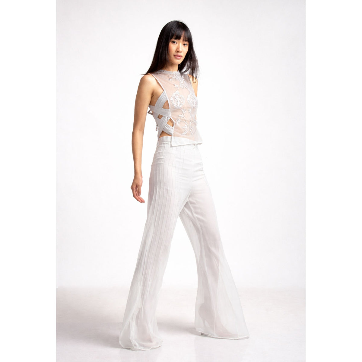 Sheer Pin Tuck Trousers | White