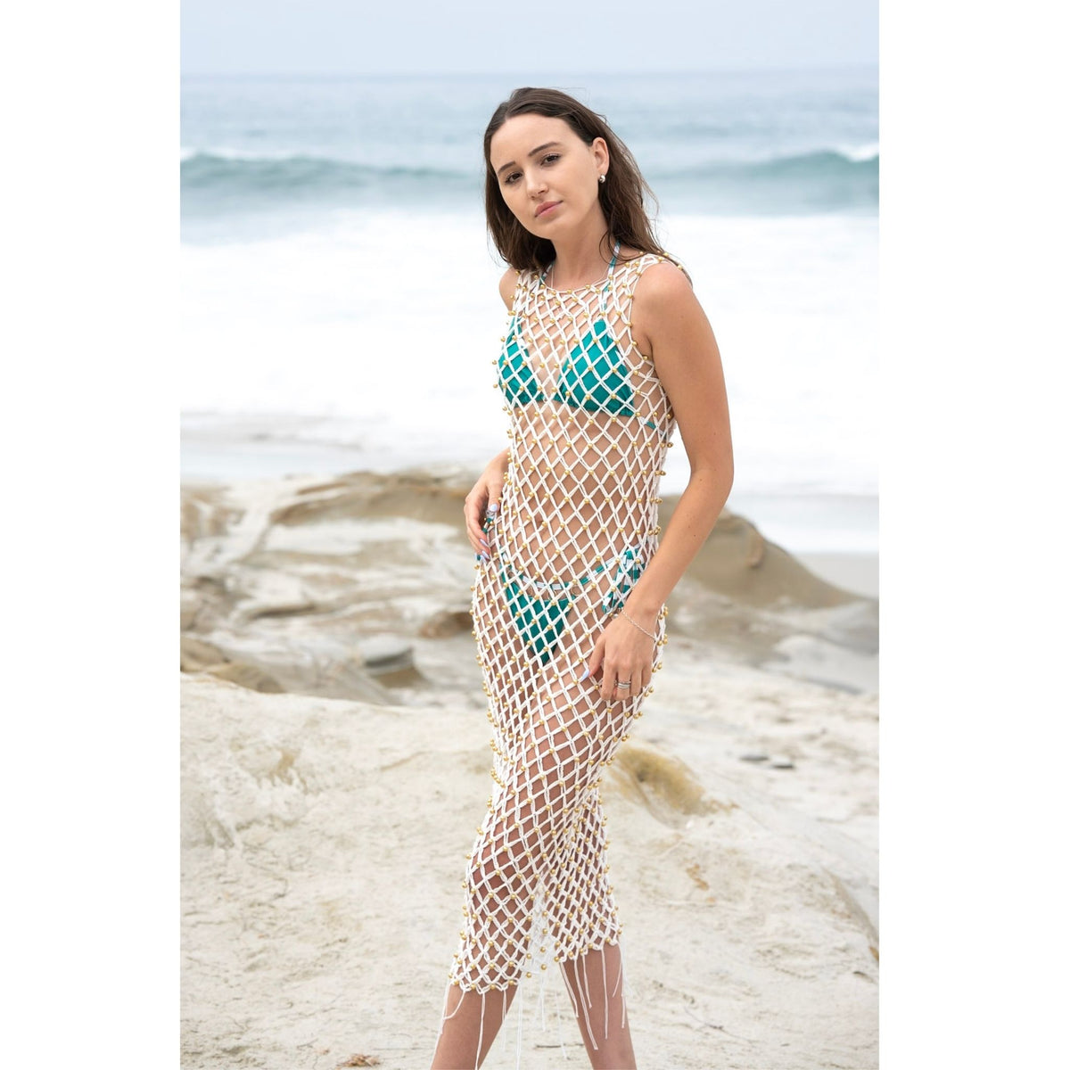 Cream Hand-Woven Crochet Dress with Gold Beads