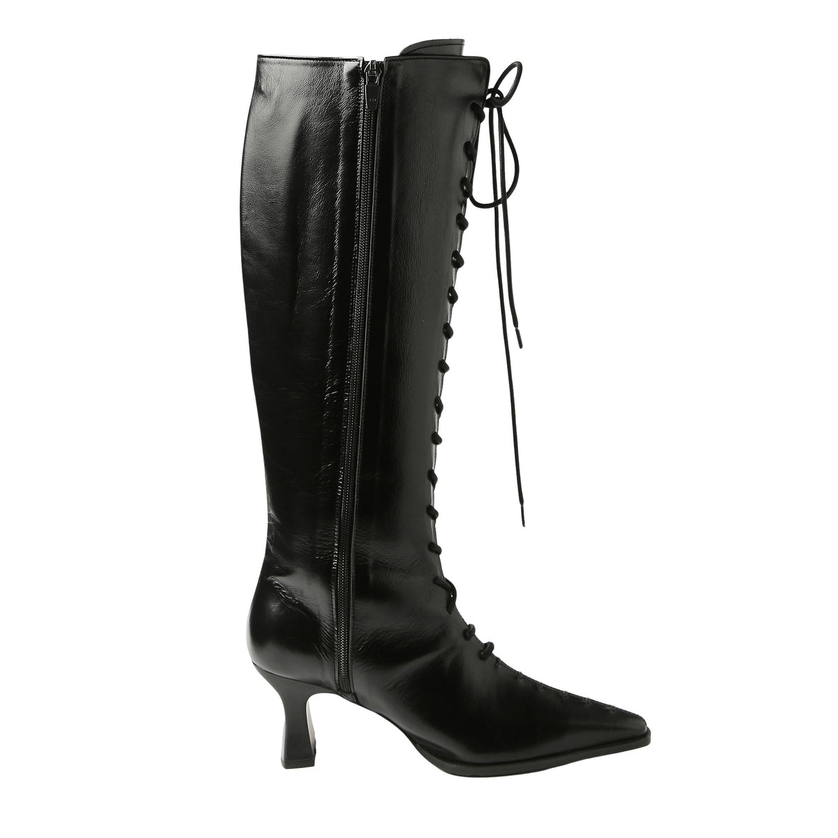 Black Lace-Up Knee-High Leather Boots