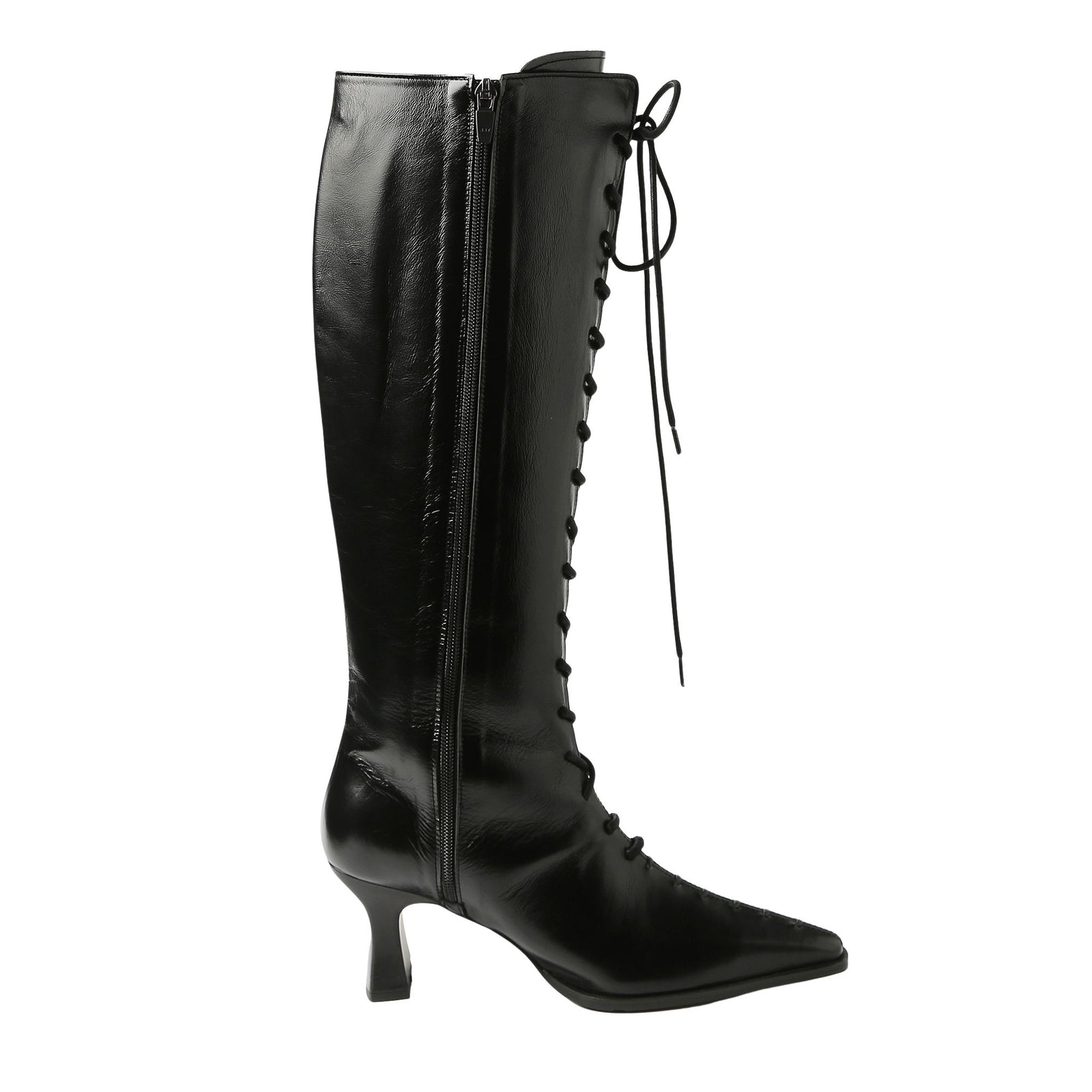 Black Lace-Up Knee-High Leather Boots