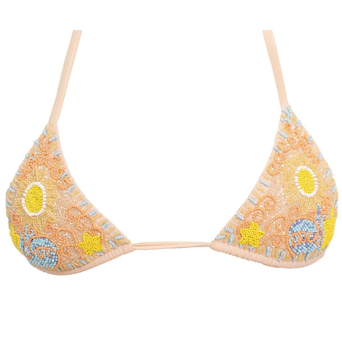 The SELF-ADORE High Tide Hand-Beaded Embellished Bikini Top in Sand features peach-colored fabric with yellow, blue, and orange beaded flowers and stars, plus thin straps and a triangular cup design for a coastal glamour look.