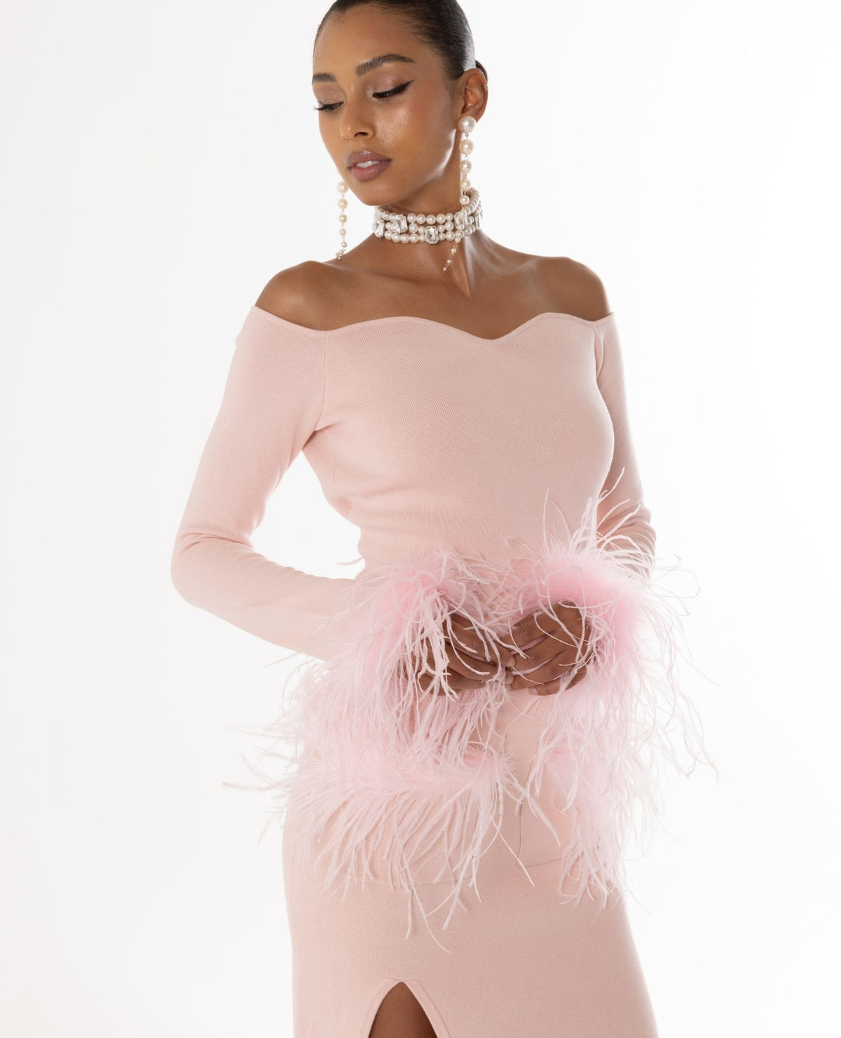 ANDREEVA - Powder Pink Vanilla Knit Top With Detachable Feather Cuffs, buy at DOORS NYC