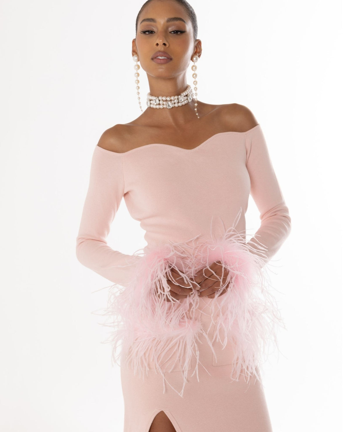ANDREEVA - Powder Pink Vanilla Knit Top With Detachable Feather Cuffs, buy at DOORS NYC