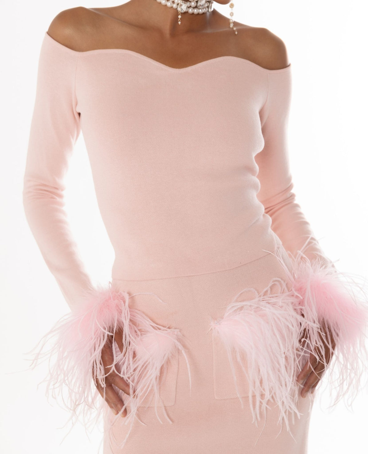 ANDREEVA - Powder Pink Vanilla Knit Top With Detachable Feather Cuffs, buy at DOORS NYC