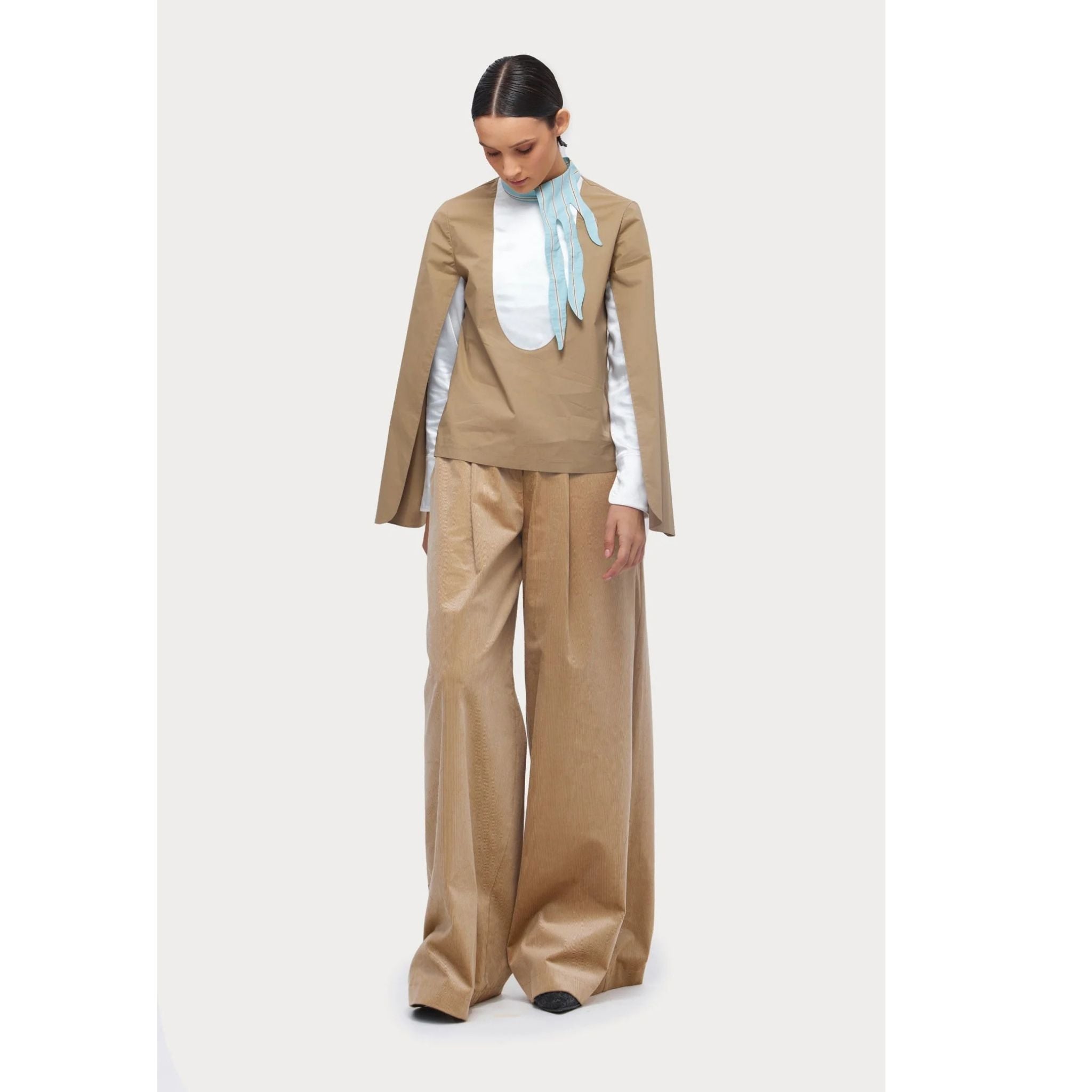 Designer Blouse With Contrast Sleeves | Beige